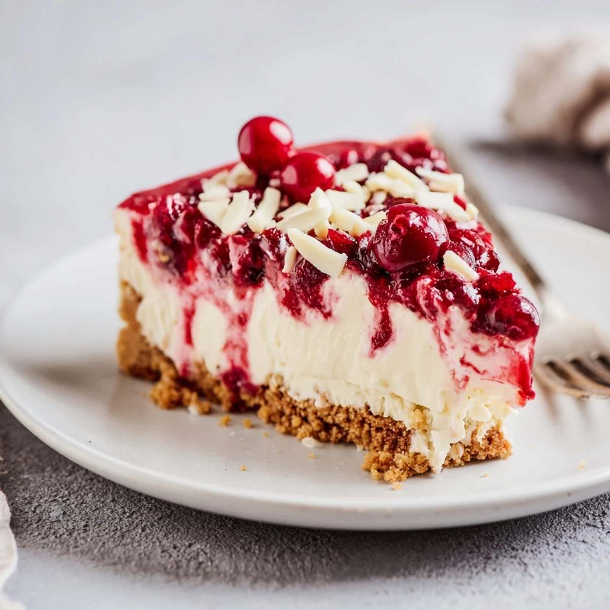 Slice of No Bake Cranberry White Chocolate Cheesecake garnished with white chocolate shavings