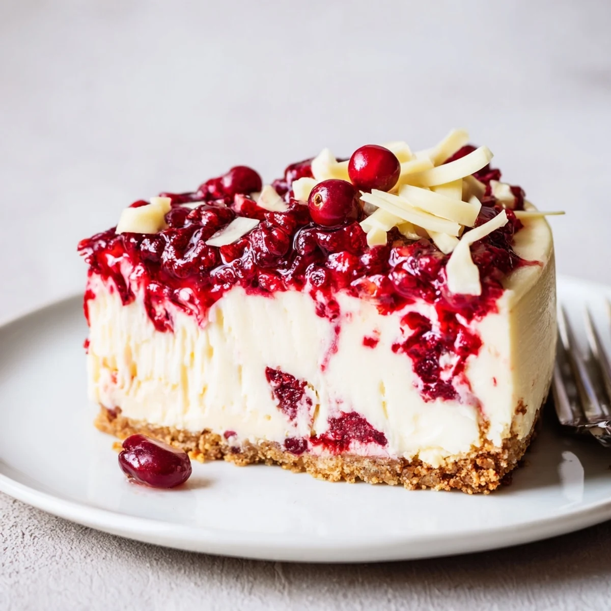 Chilled No Bake Cranberry White Chocolate Cheesecake served with fresh cranberries and lemon