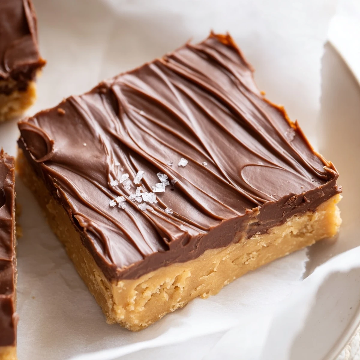 No Bake Peanut Butter Bars chilled, glossy chocolate topping and creamy peanut center.