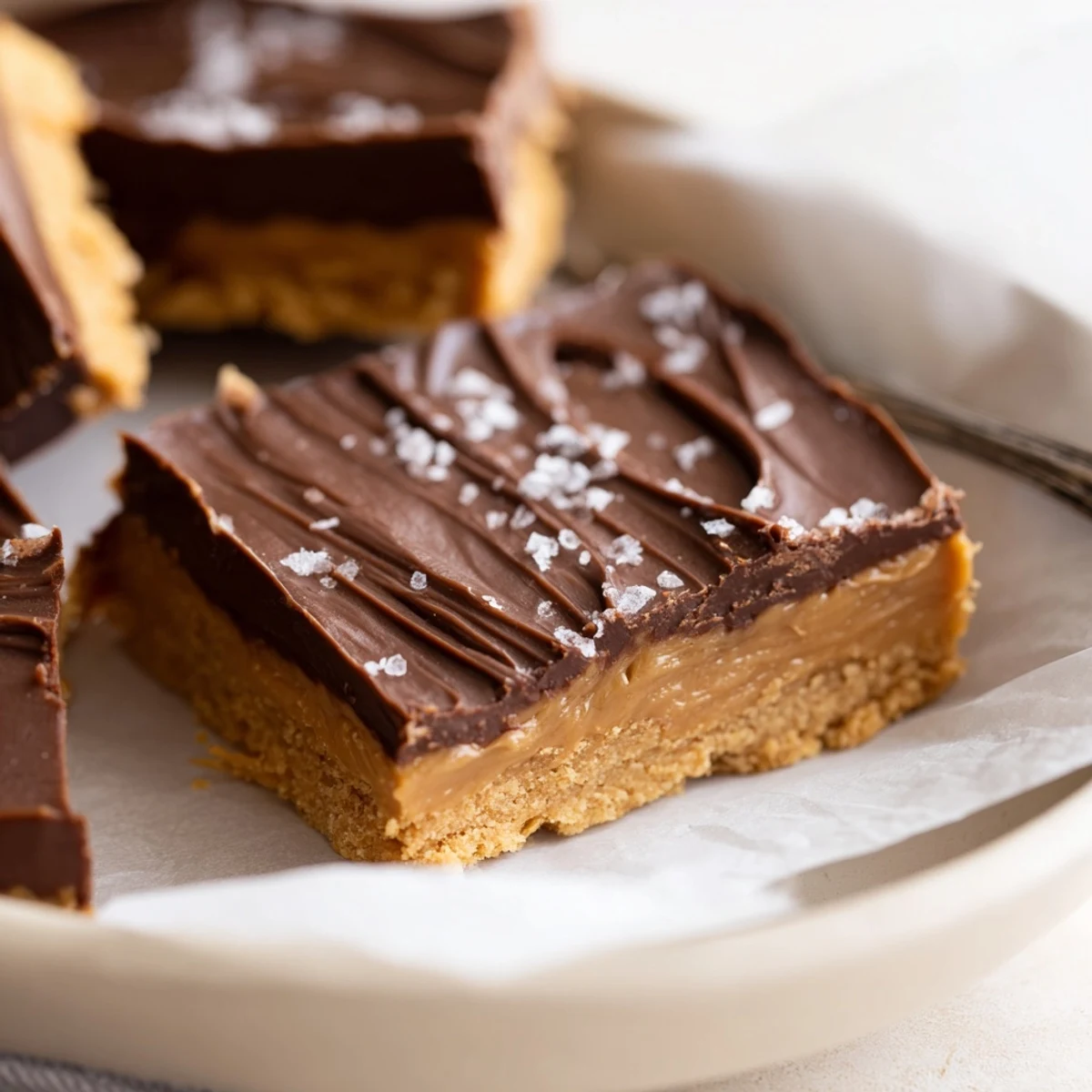 Stacked No Bake Peanut Butter Bars dusted with sea salt, ready for serving.