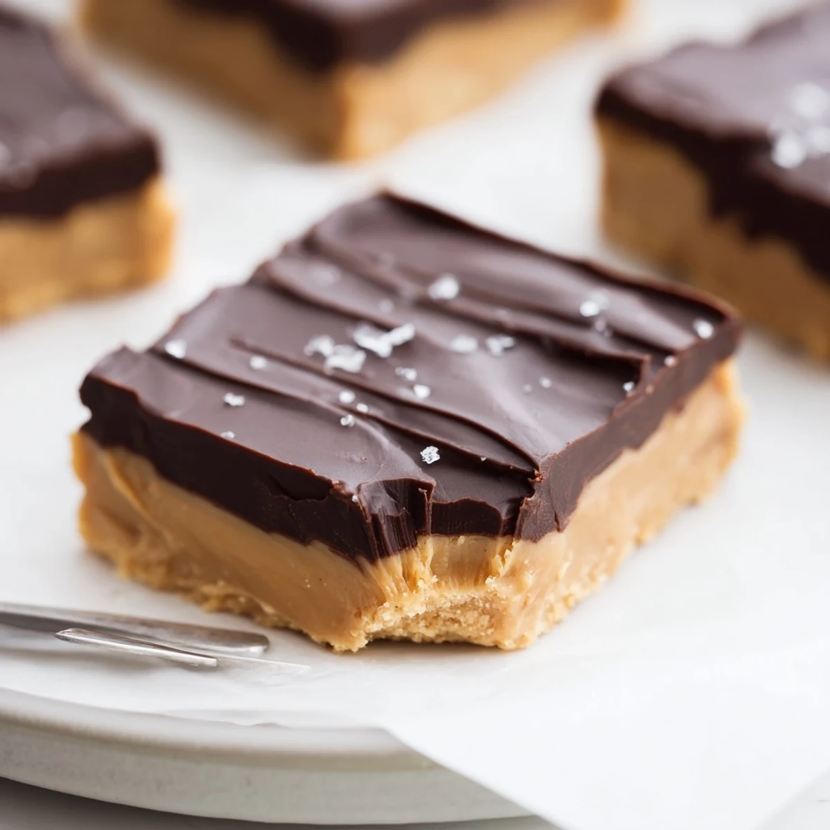 Sliced No Bake Peanut Butter Bars on parchment, sweet, dense, melt in mouth bites.