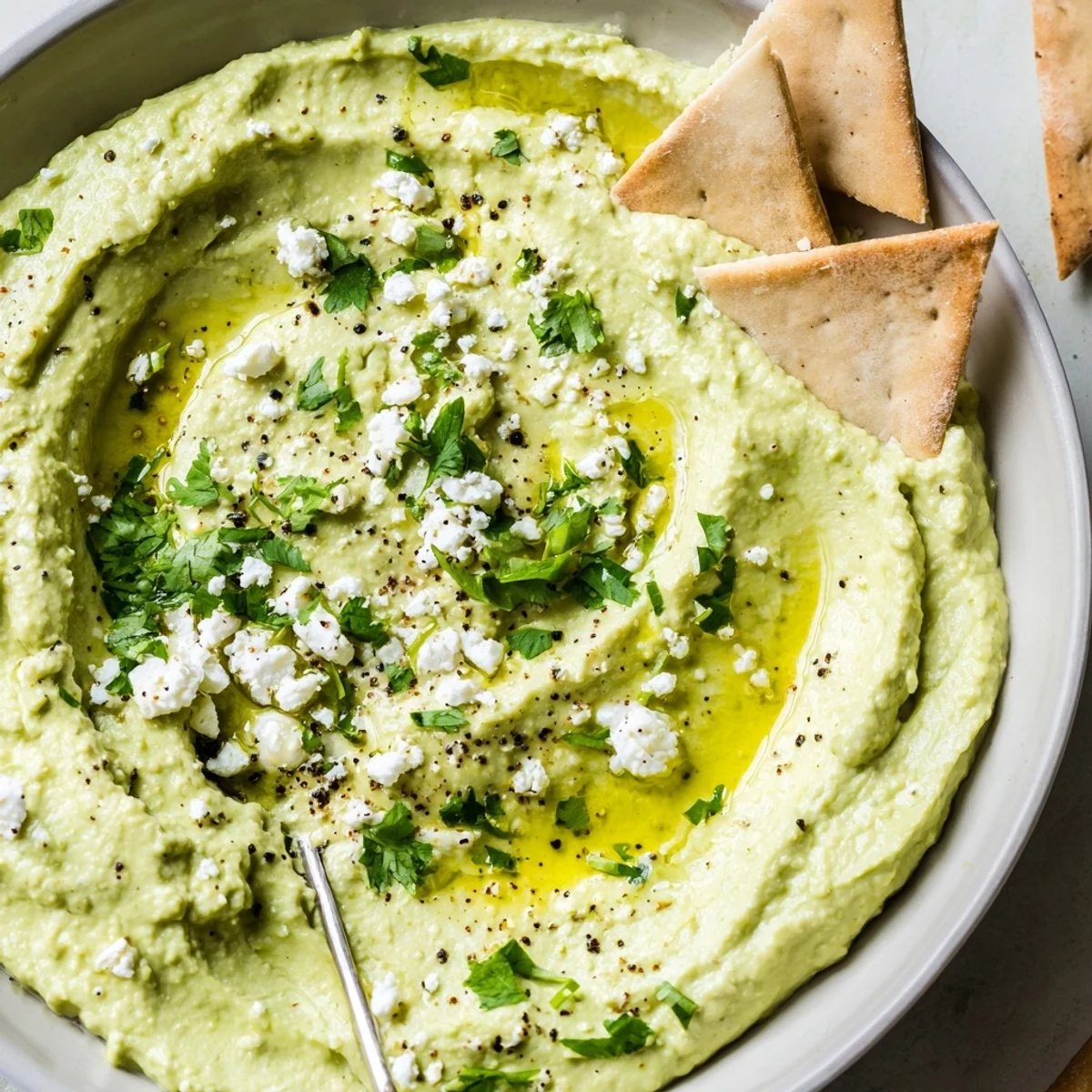 Party-ready Creamy Avocado Feta Dip garnished with cilantro, served with veggies