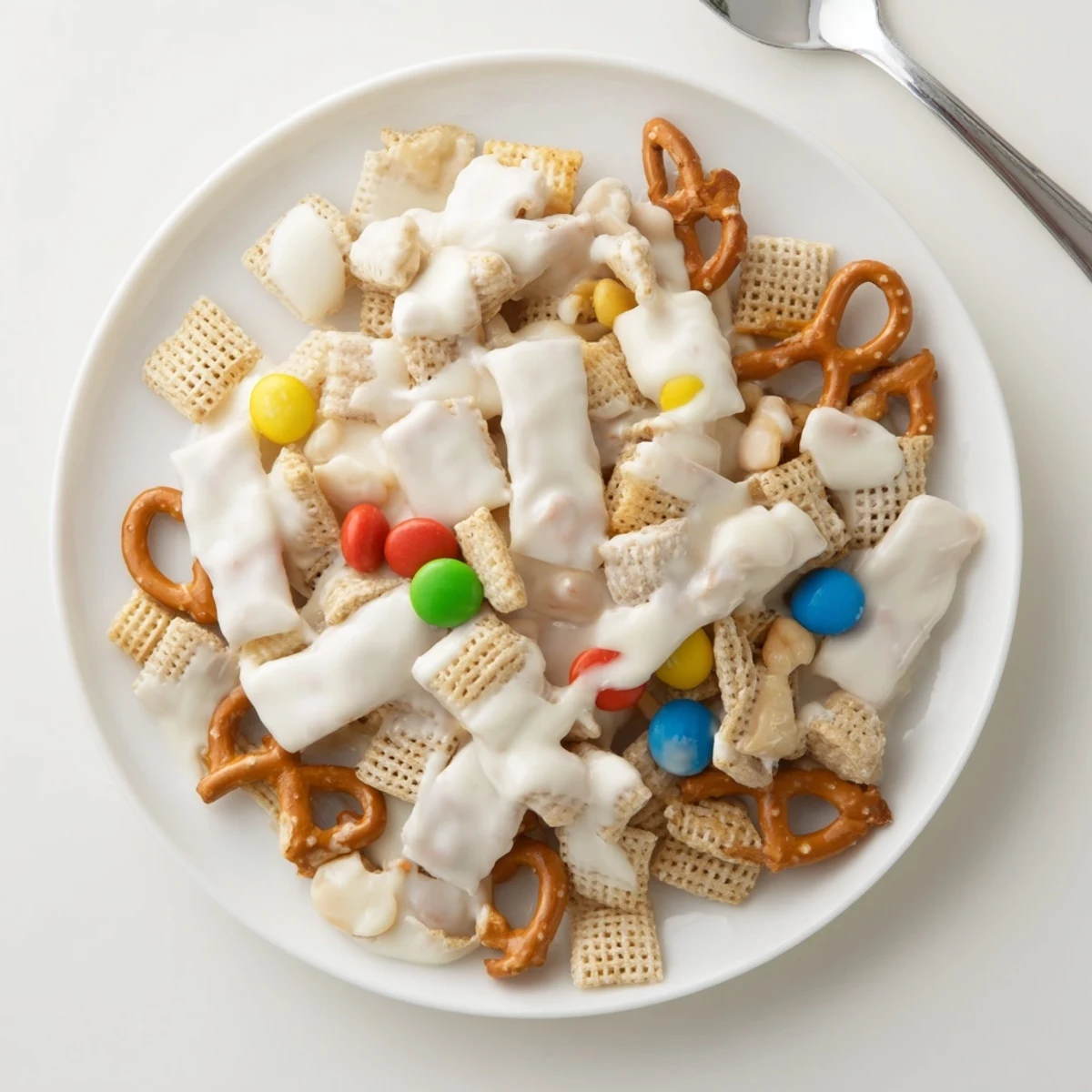 White Trash Snack Mix piled on parchment, crunchy, sweet white chocolate coating