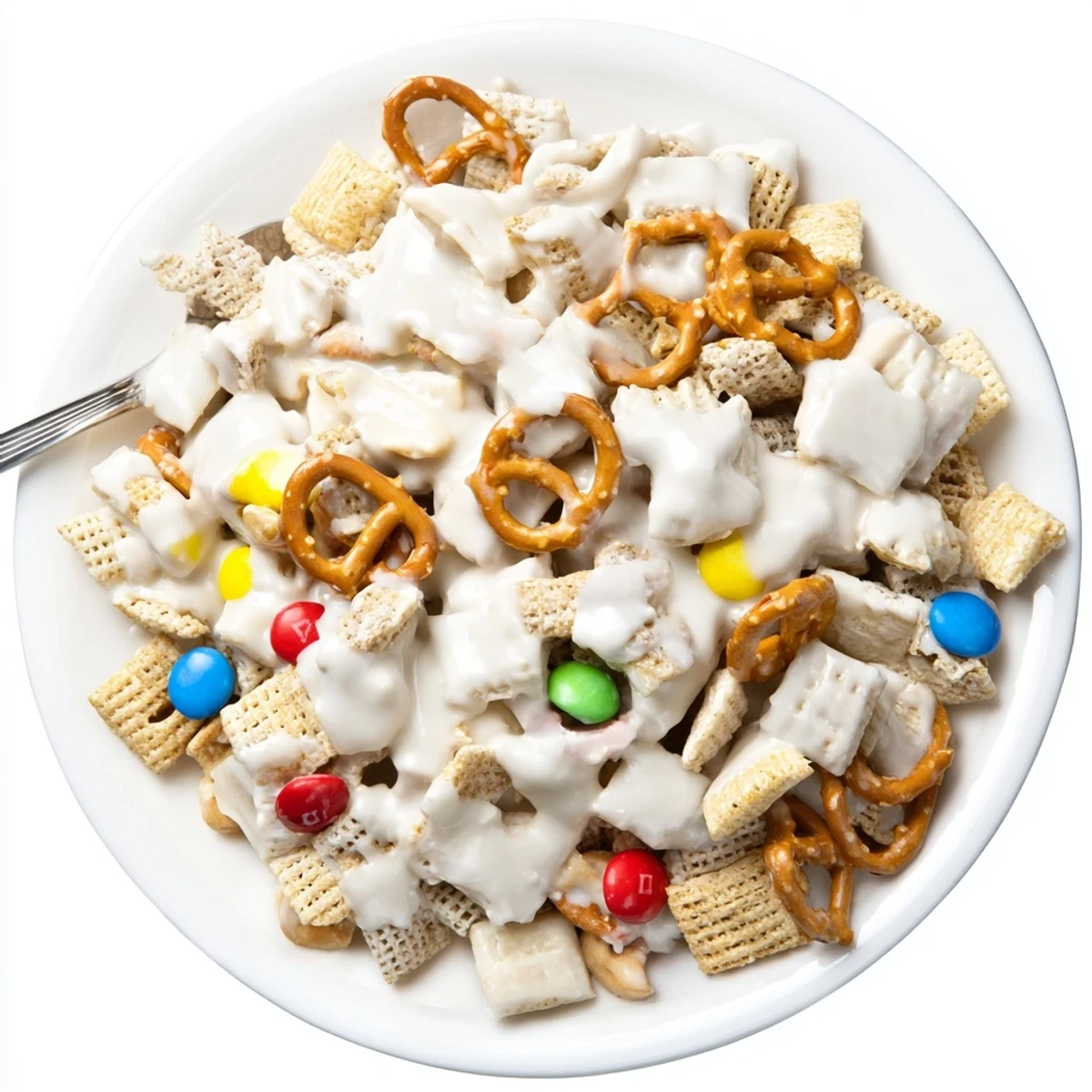 Party ready White Trash Snack Mix broken into chunks, colorful candies peeking