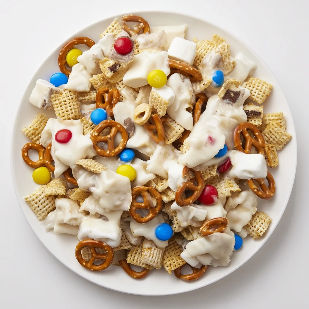 Warm White Trash Snack Mix glossy with melted white chocolate, ready to share
