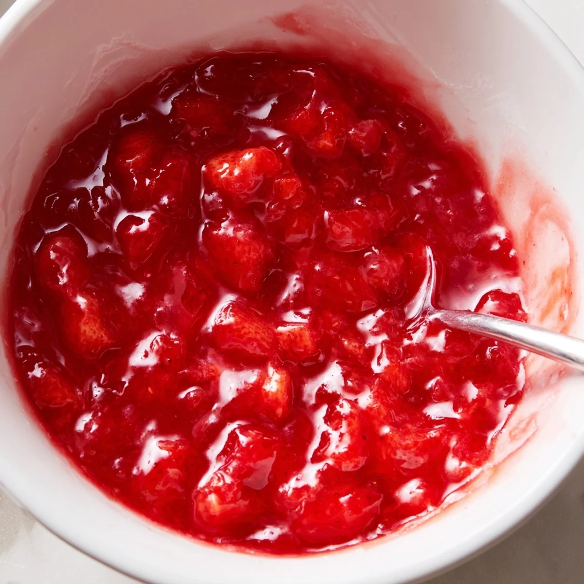 Strawberry Cake Filling Recipe showing glossy, ruby-red filling cooling in saucepan