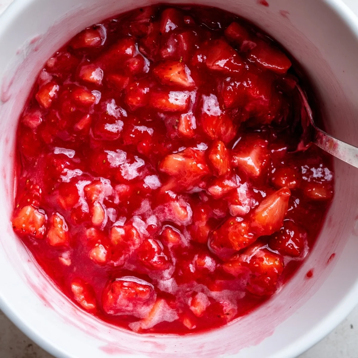 Homemade Strawberry Cake Filling Recipe spooned between layers, sweet-tart aroma