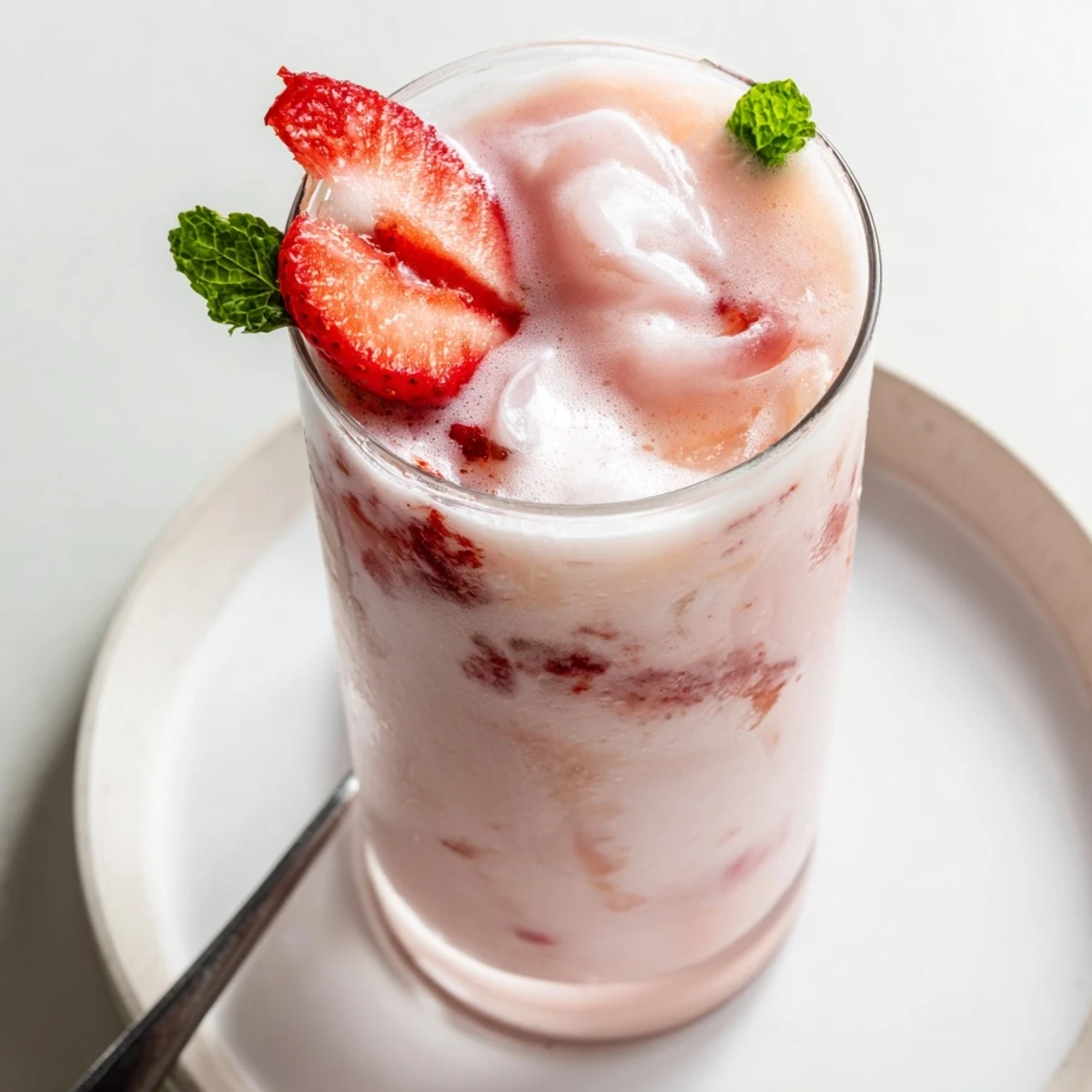 Creamy Strawberry Coconut Cooler Recipe blended smooth, topped with sliced strawberries