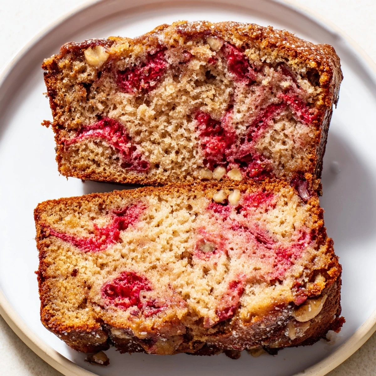Sliced Strawberry Banana Bread Recipe on wire rack, steam rising, butter melting