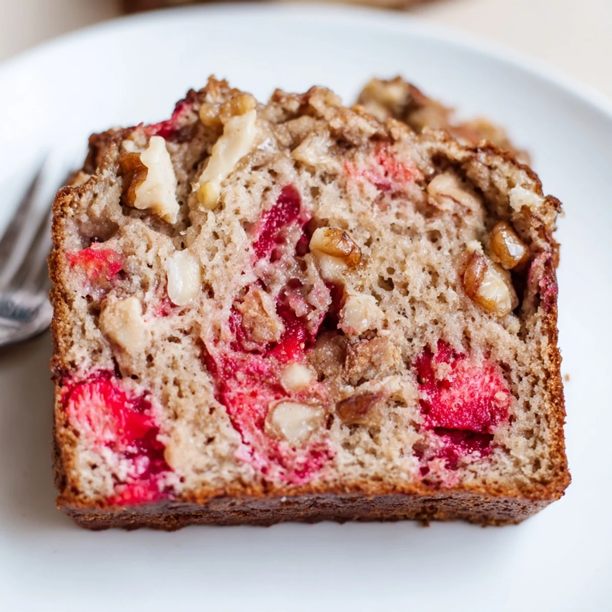 Moist Strawberry Banana Bread Recipe studded with diced strawberries and crunchy walnuts