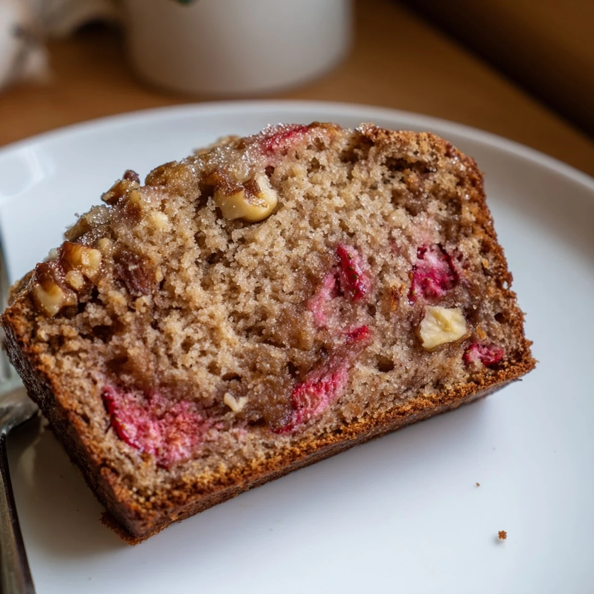 Fresh-baked Strawberry Banana Bread Recipe served warm with honey drizzle for breakfast