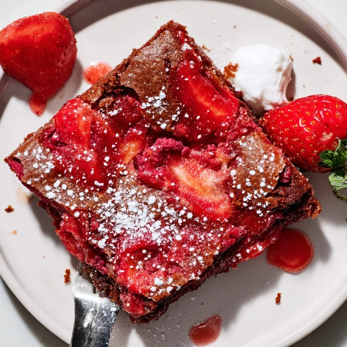 Strawberry Brownies Recipe: fudgy squares glazed with glossy pink strawberry icing, plated.