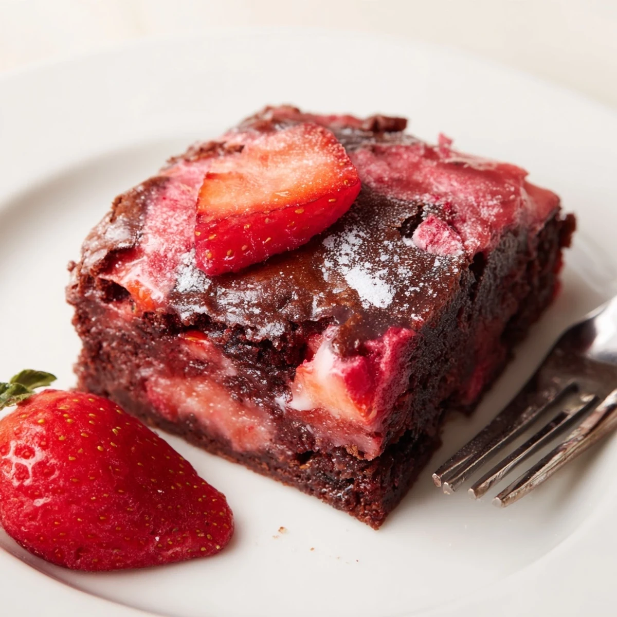 Homestyle Strawberry Brownies Recipe served with whipped cream and sliced strawberries.
