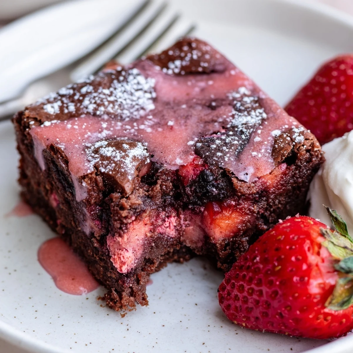 A close-up of Strawberry Brownies Recipe showing moist crumb and fresh strawberries.