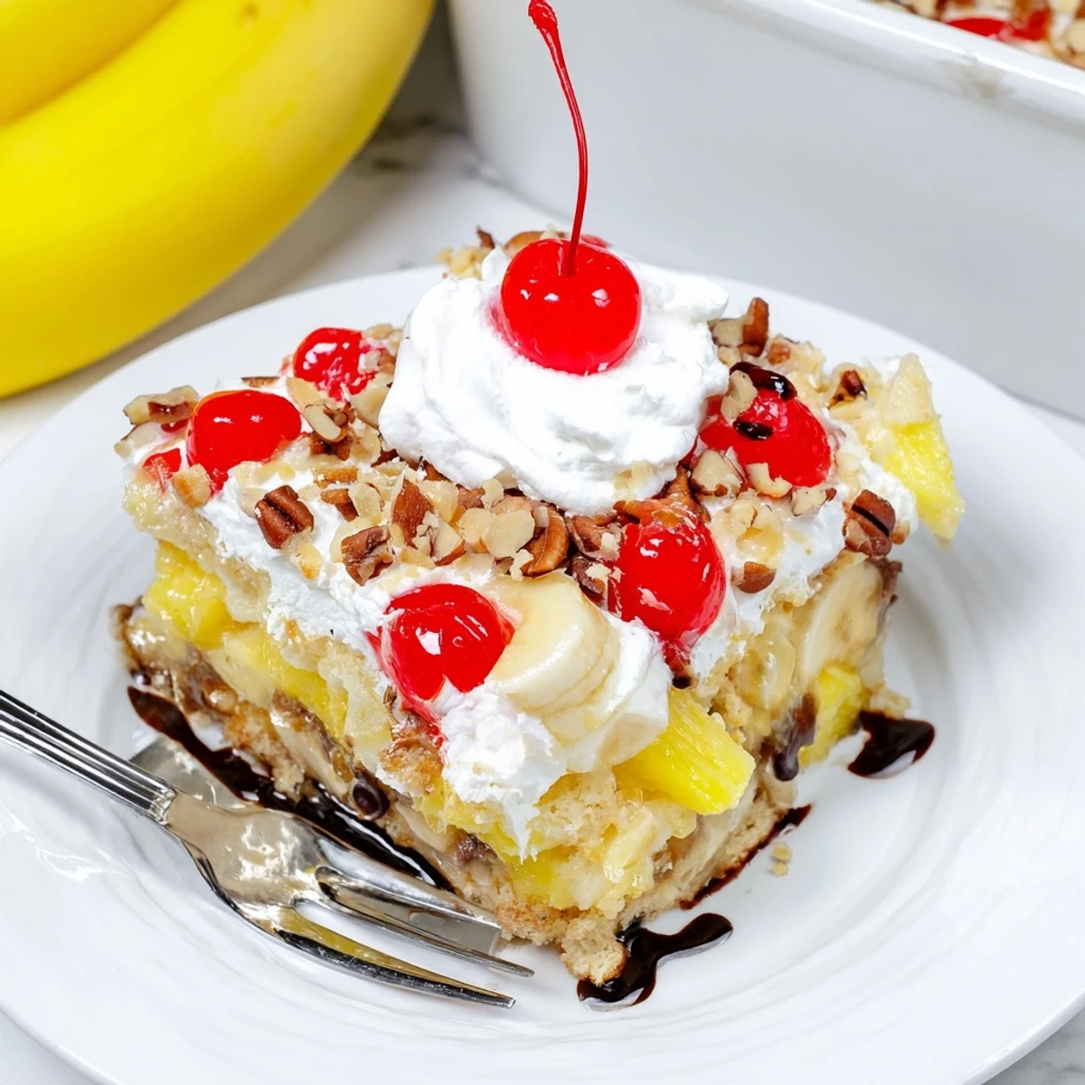 Baked Banana Split Dump Cake topped with whipped cream, sliced bananas, chocolate syrup.