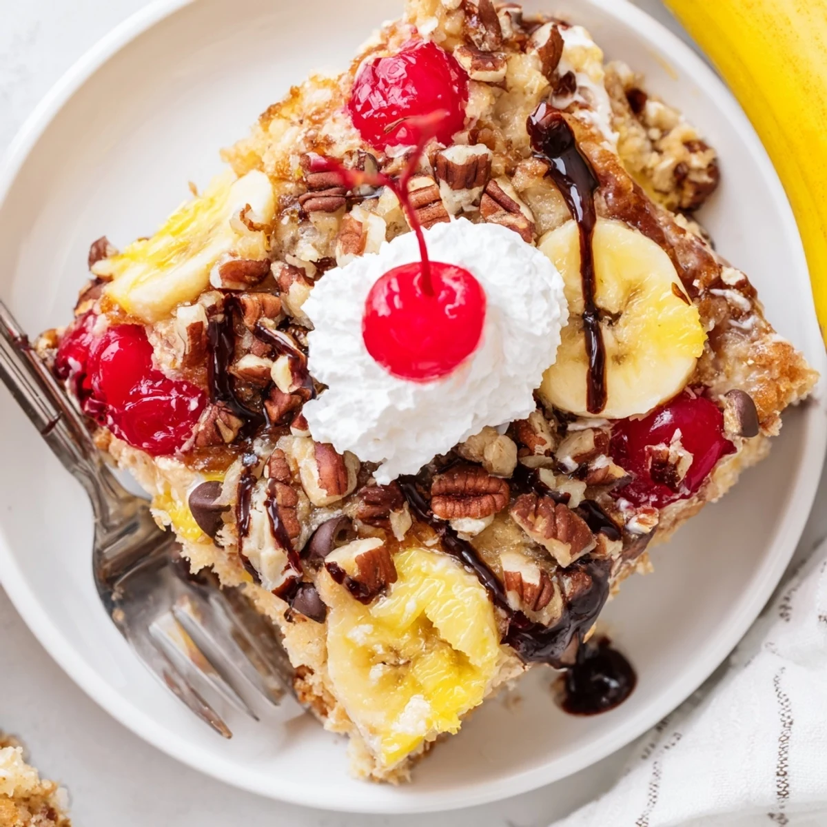 Slice of Banana Split Dump Cake drizzled with chocolate, served with vanilla ice cream.