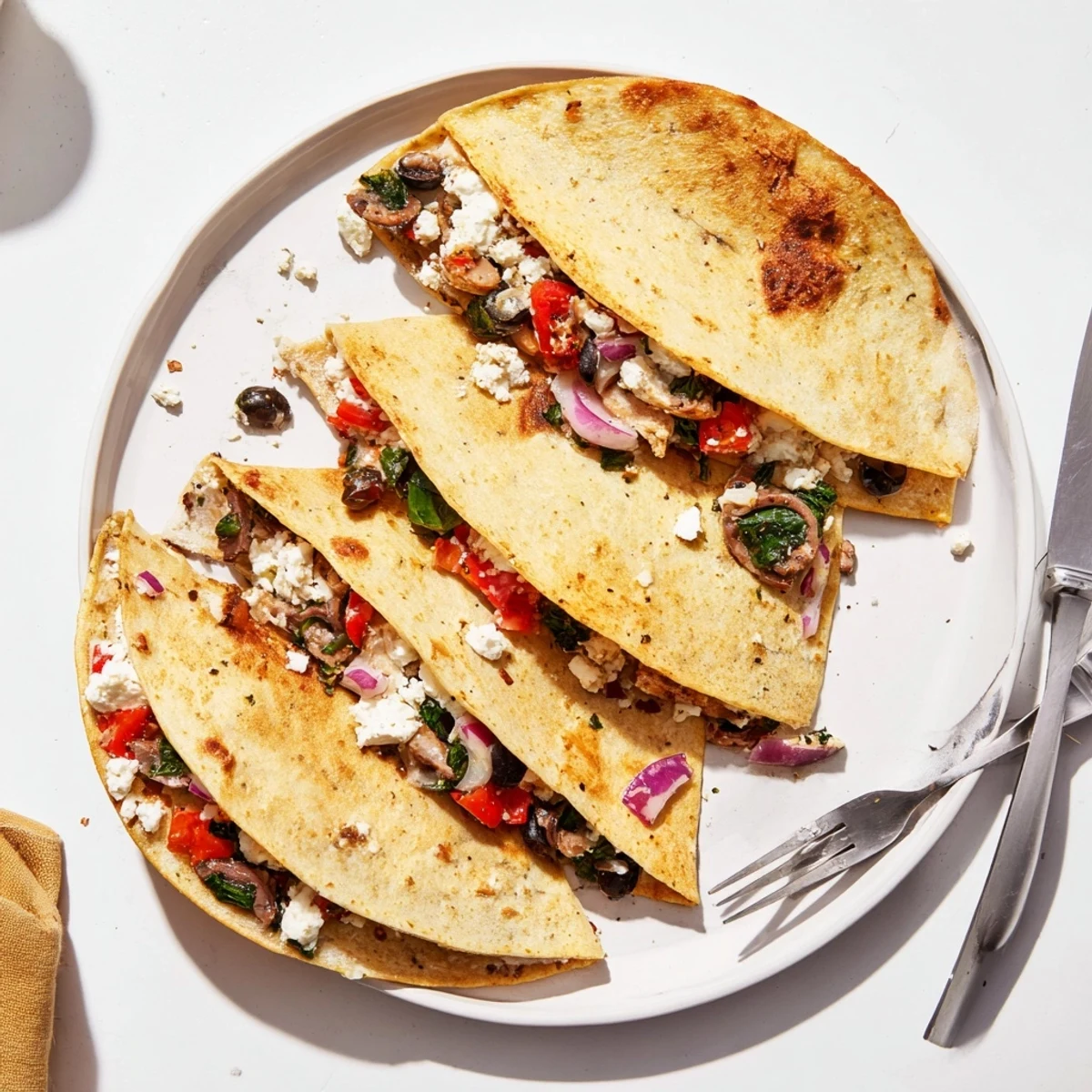 Golden Greek chicken quesadillas with melted mozzarella and feta cheese oozing from crispy tortilla halves