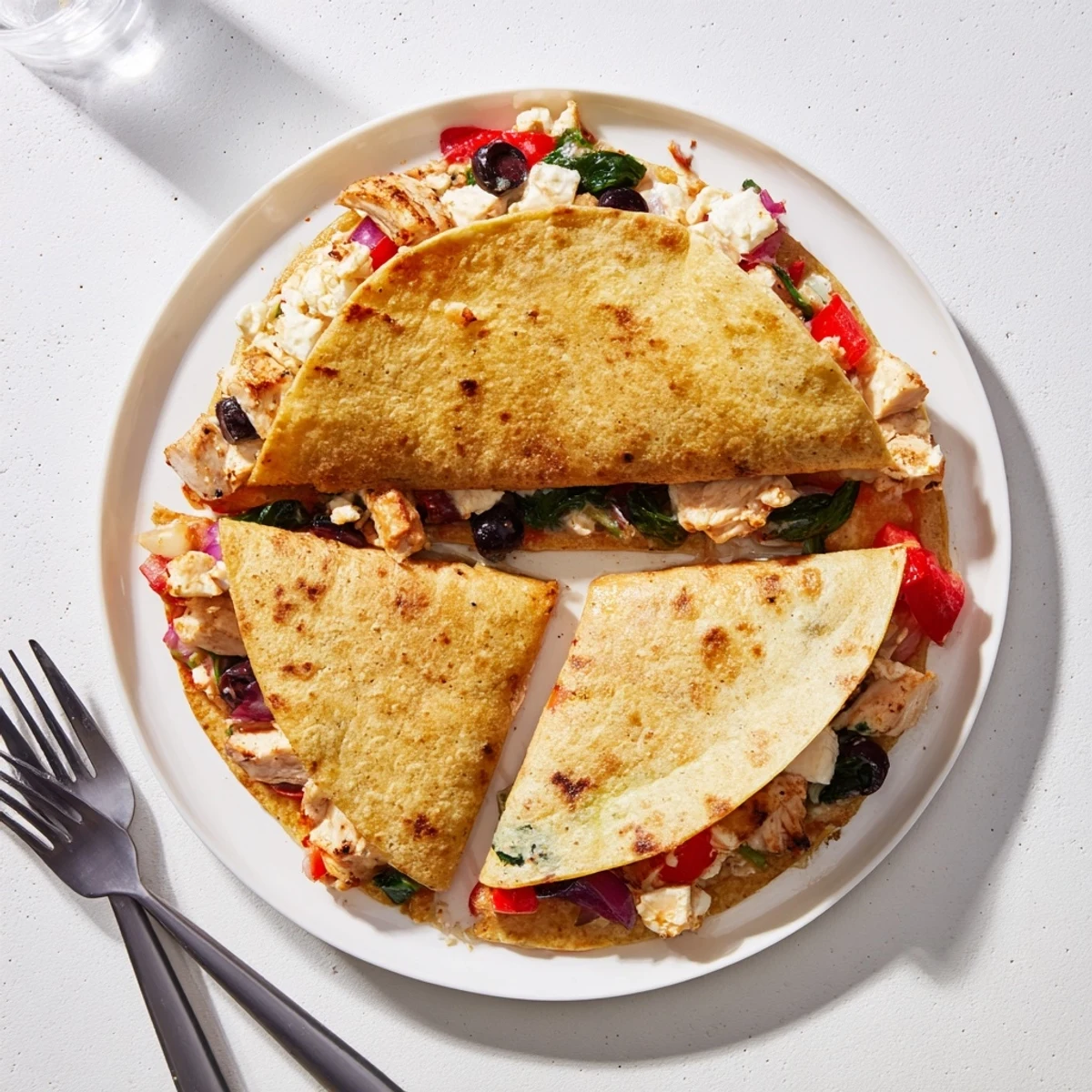 Fusion dinner featuring marinated Greek chicken and vegetables sandwiched between layers of bubbling melted cheese