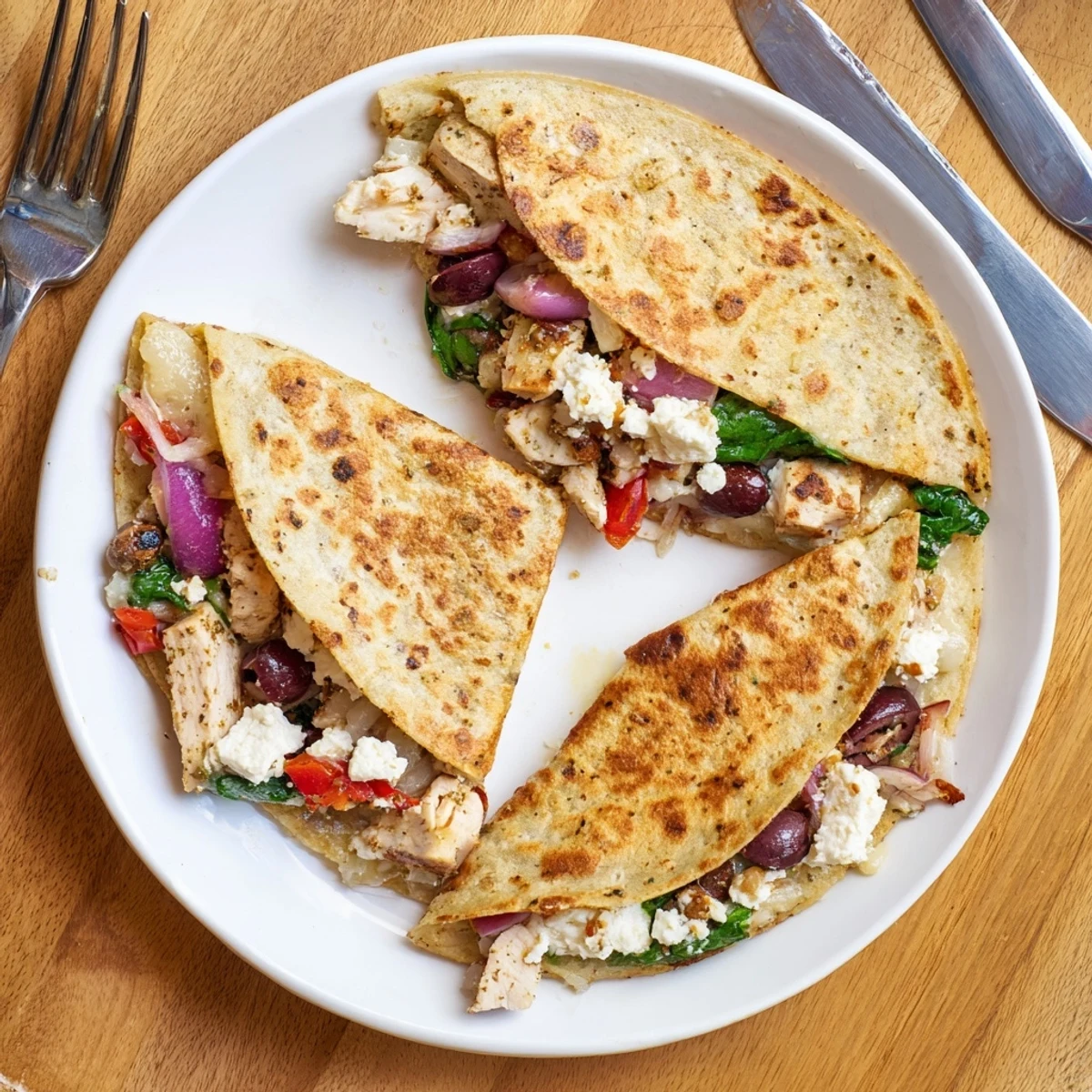 Sliced quesadilla wedges showcasing Mediterranean chicken, red peppers, olives, and spinach nestled in warm flour tortillas