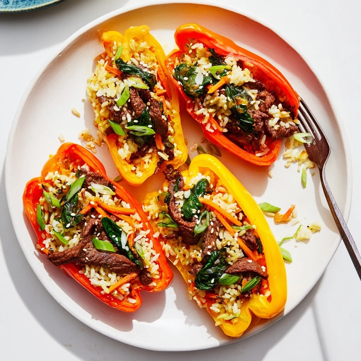 Golden roasted bell peppers overflowing with savory Korean beef bulgogi and fluffy white rice mixture