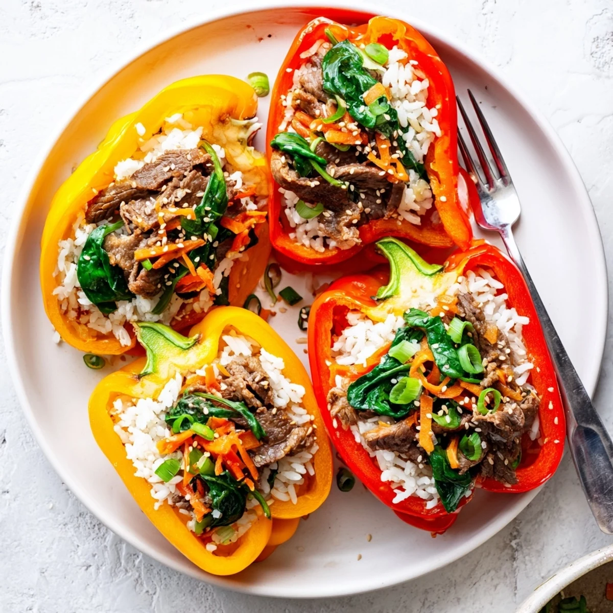 Freshly baked Korean beef bulgogi stuffed peppers garnished with sesame seeds and sliced scallions