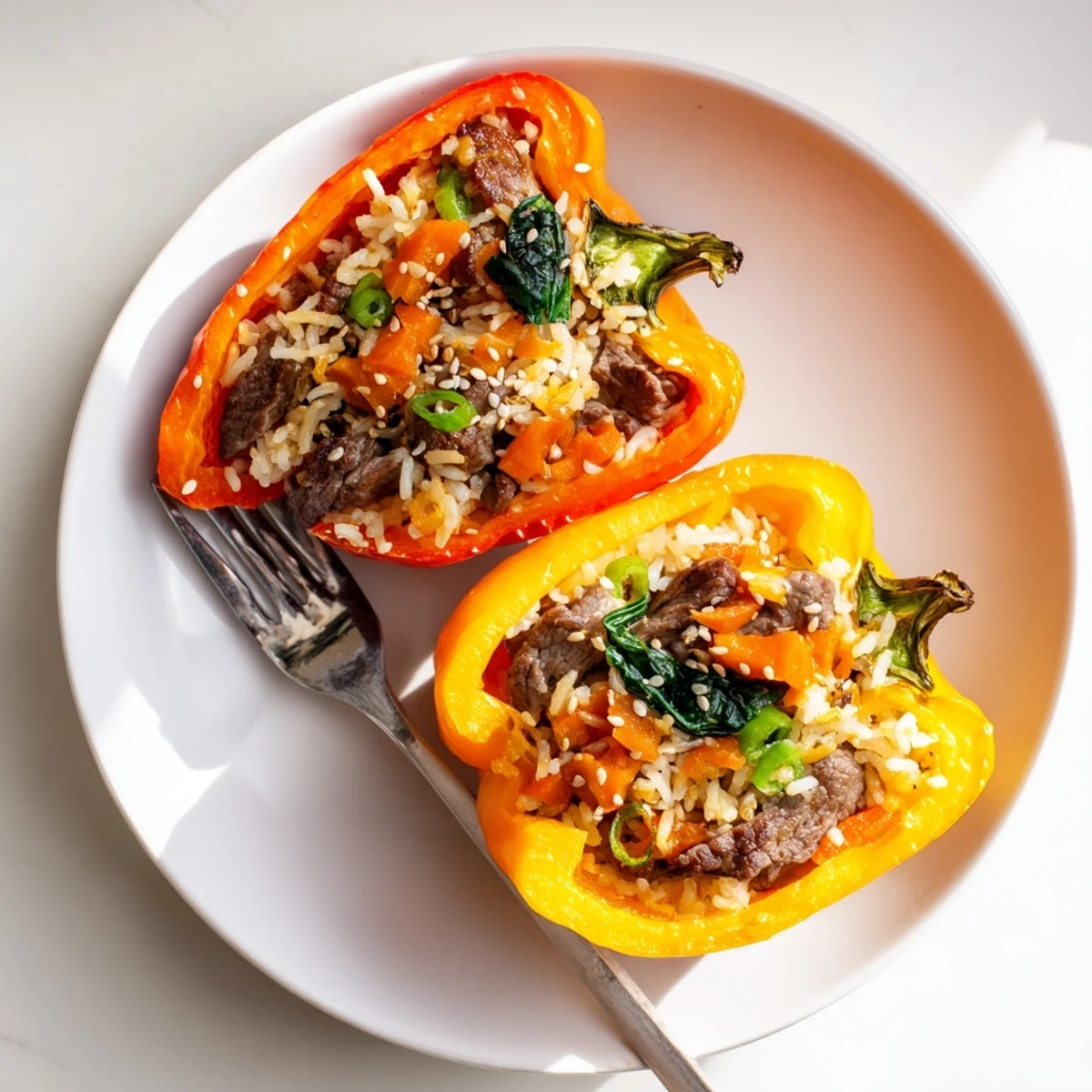 Colorful stuffed peppers showcasing tender marinated beef bulgogi paired with seasoned rice and vegetables