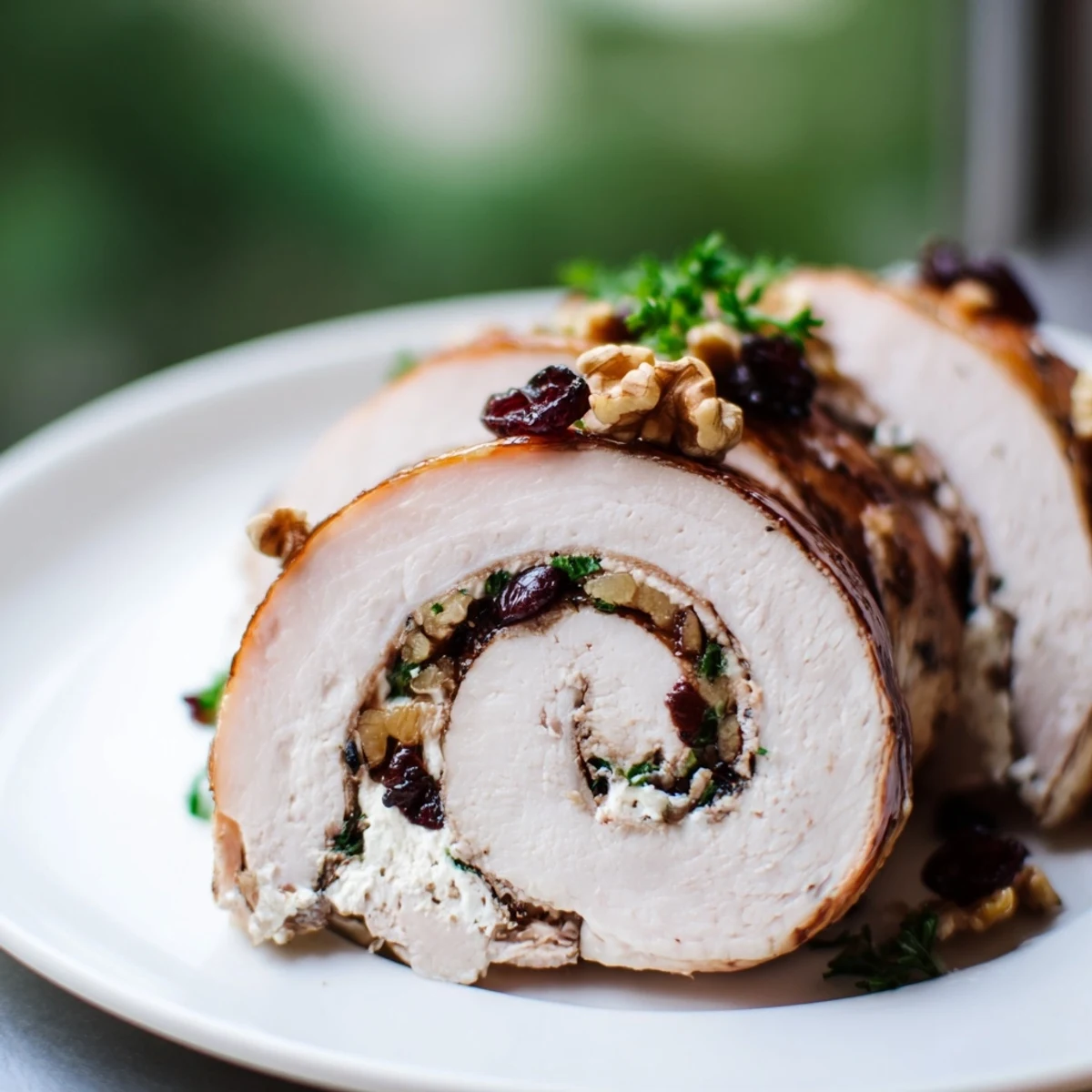 Roasted cranberry goat cheese stuffed turkey breast brushed with honey balsamic glaze on serving platter