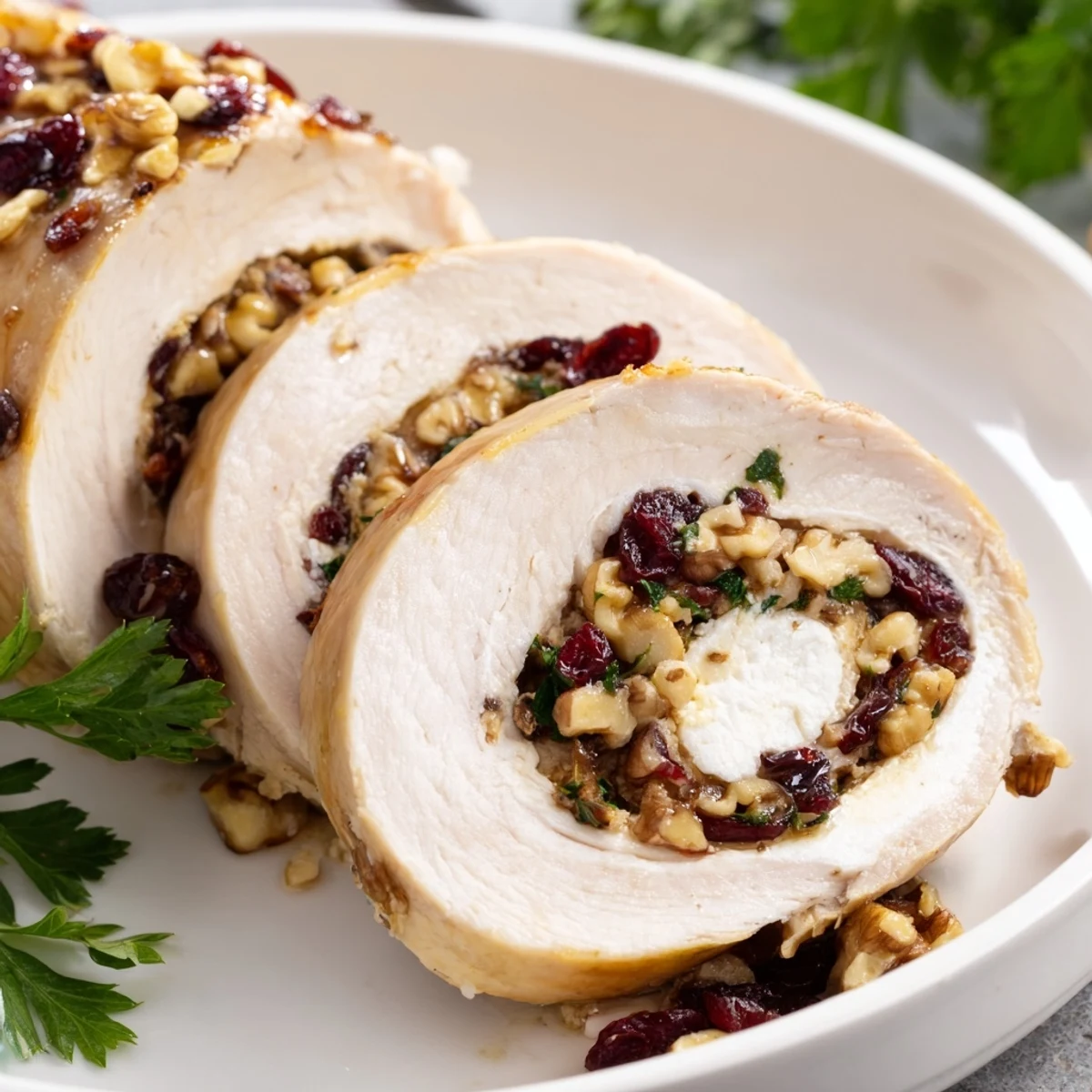 Golden glazed turkey breast roll sliced to reveal creamy goat cheese and tart cranberry filling