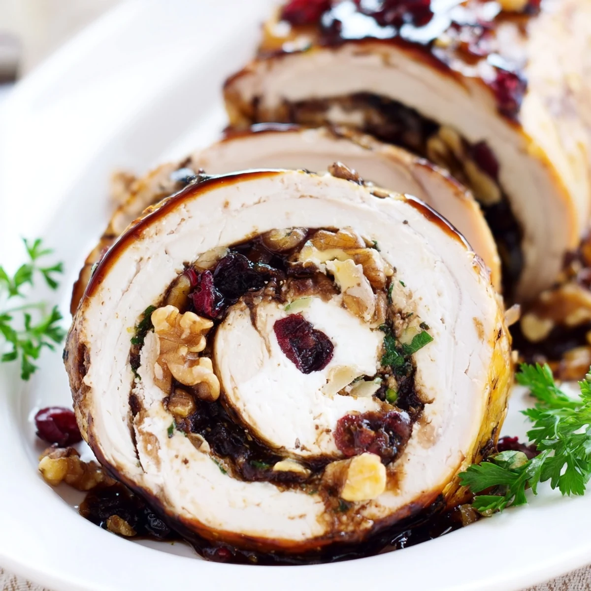 Elegant stuffed turkey breast showcase with goat cheese cranberry center garnished with fresh parsley