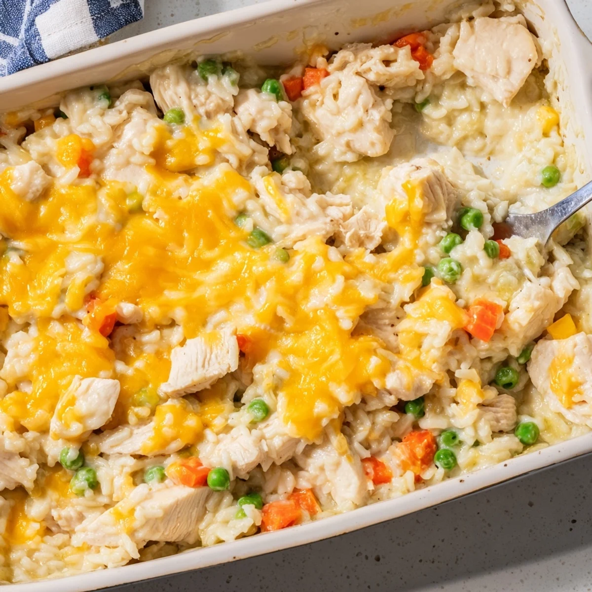 Golden creamy chicken and rice casserole with melted bubbly cheddar cheese topping