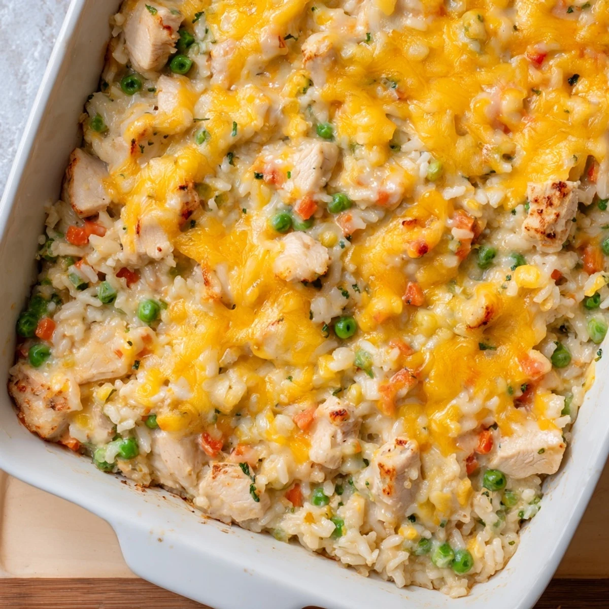 Bubbling cheesy chicken and rice casserole fresh from oven with golden cheese layer