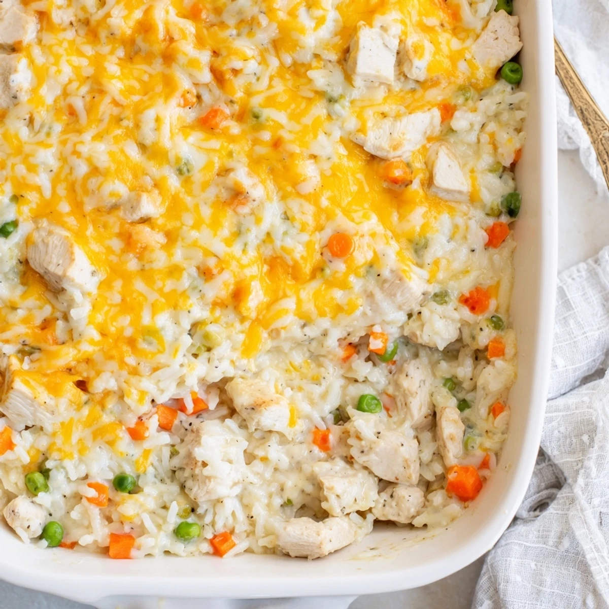 Steaming chicken rice casserole bake with colorful peas and carrots in white serving dish