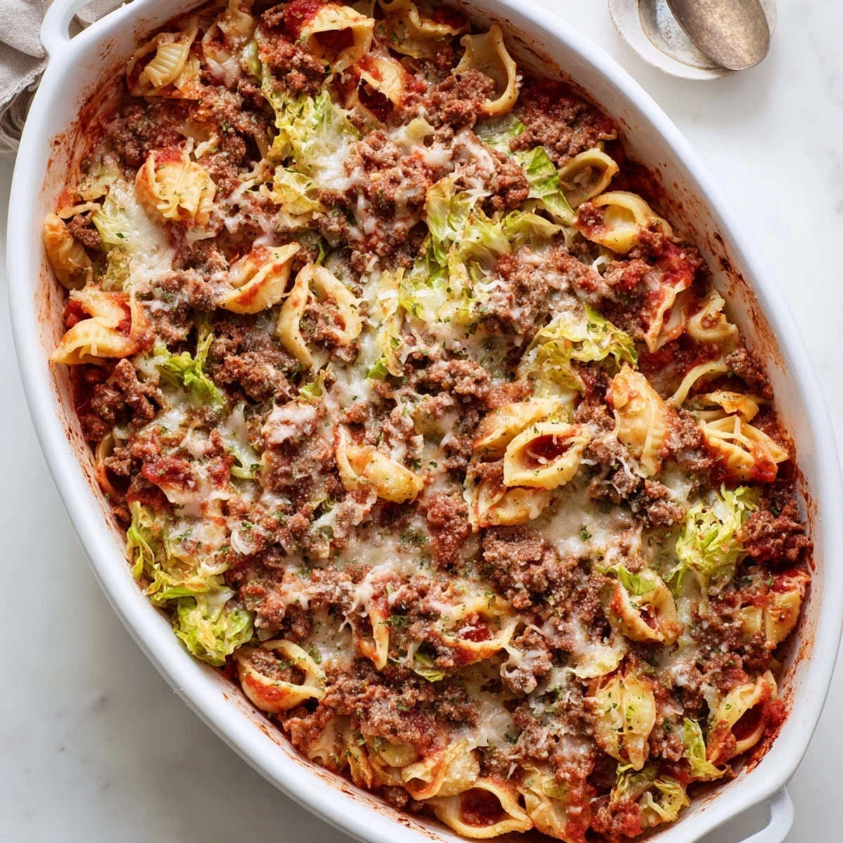 Hearty cabbage roll pasta bake bubbling with rich tomato sauce and cheesy beef topping