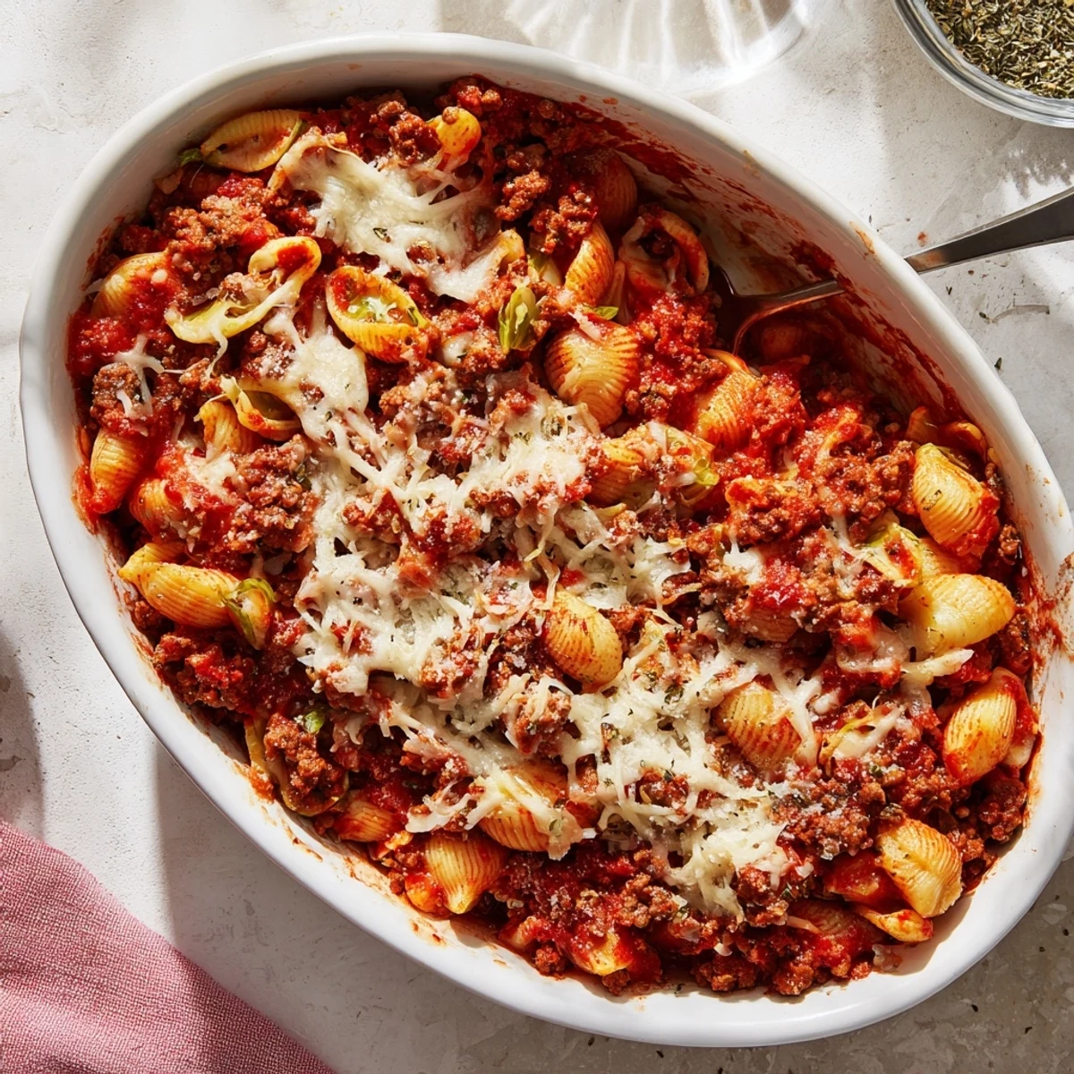 Cabbage roll pasta bake with golden melted mozzarella over beef and tender cabbage layers