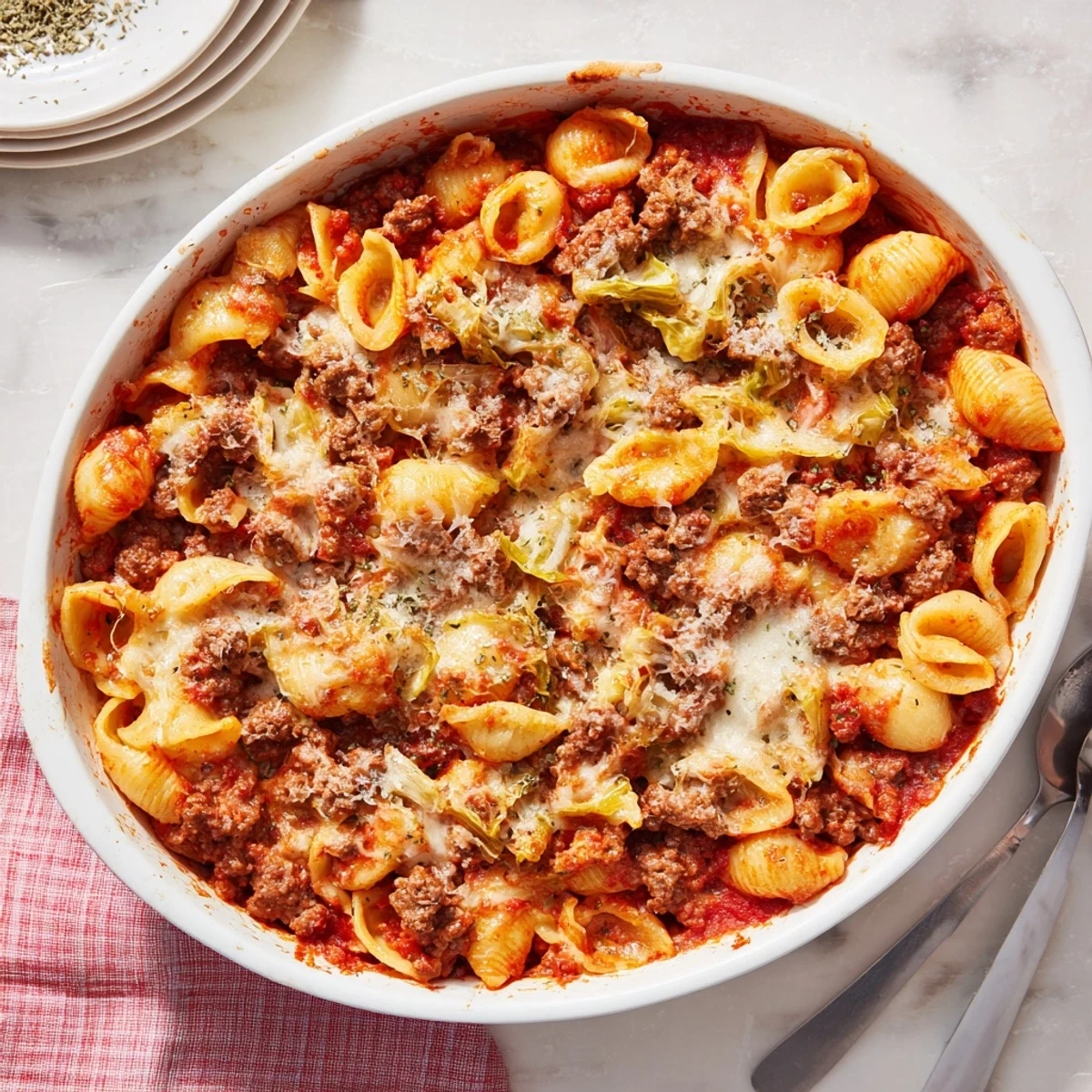 Savory cabbage roll pasta bake featuring ground beef cabbage and melted Parmesan mozzarella blend