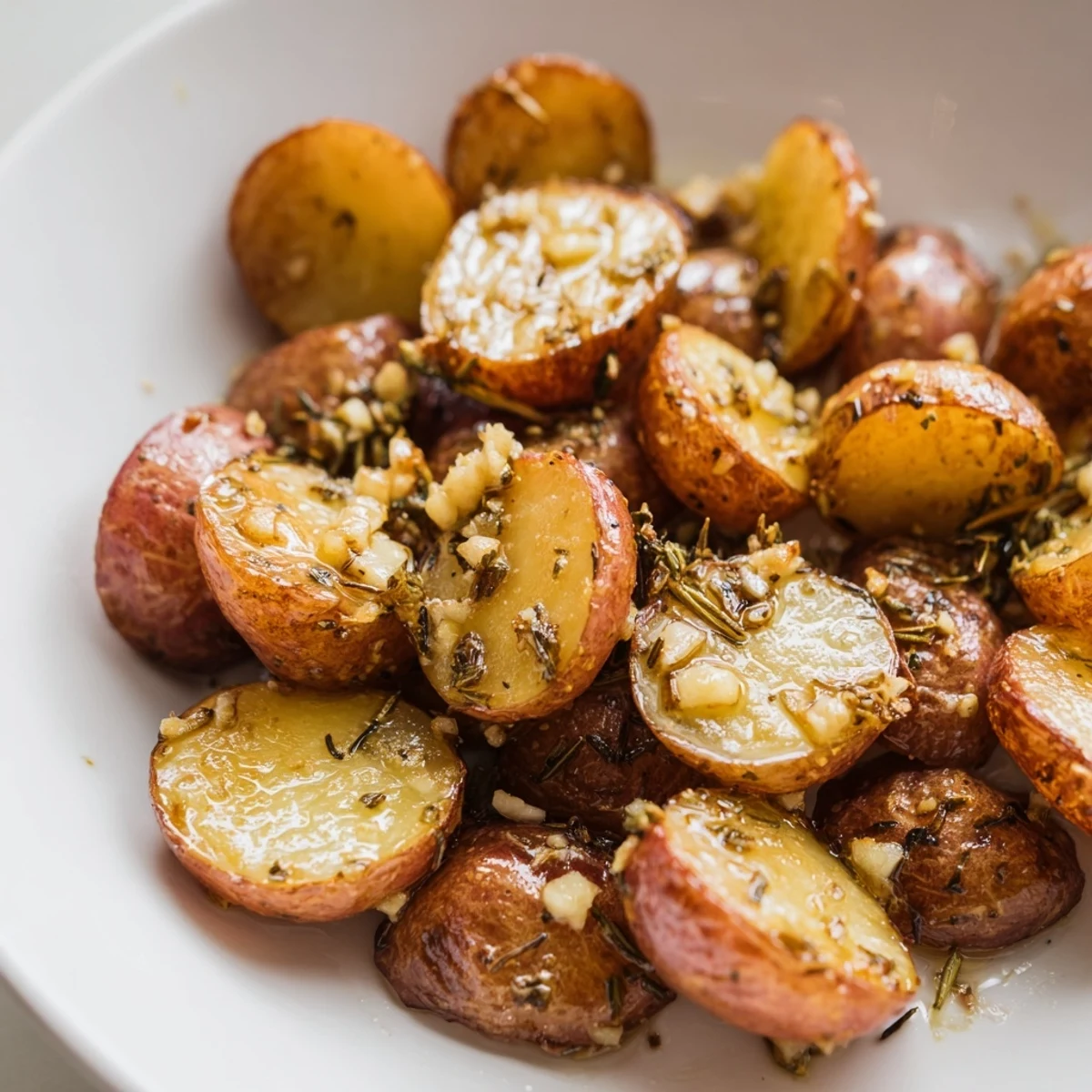Golden brown savory garlic herb roasted radishes arranged on a white serving platter with fresh parsley garnish