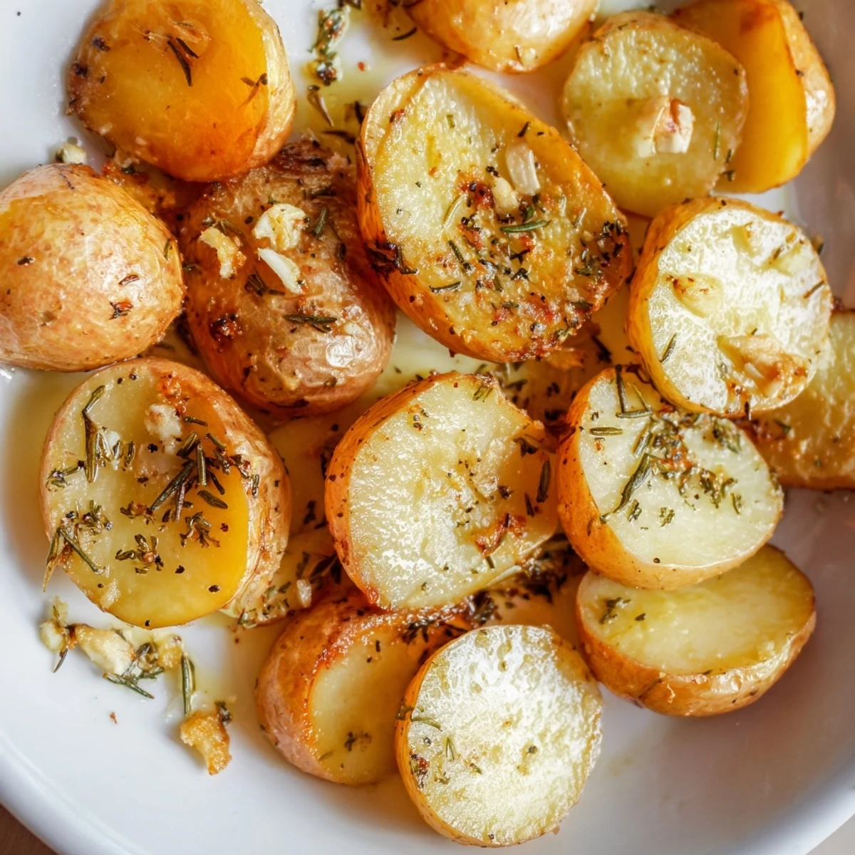 Tender halves of low-carb roasted radishes coated in garlic and herbs on a parchment-lined baking sheet