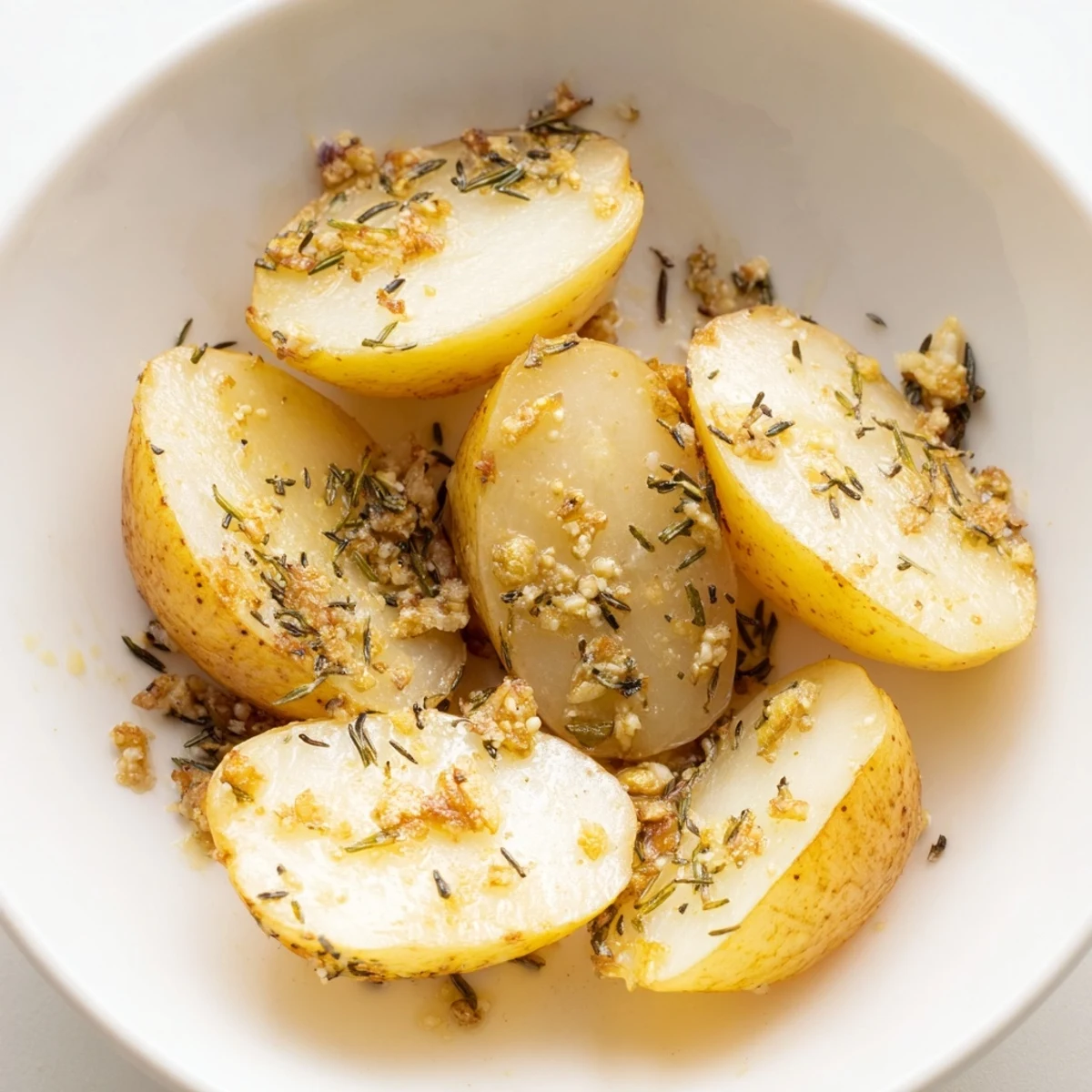 Close-up of fork-tender savory garlic herb roasted radishes sprinkled with fresh green parsley