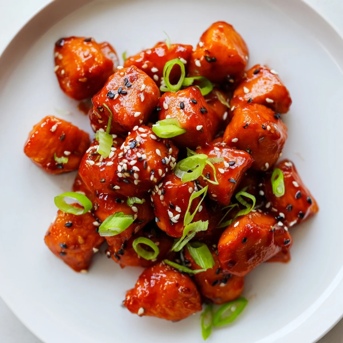 Juicy chicken thighs coated in sweet spicy honey sriracha sauce served over white rice with green onions