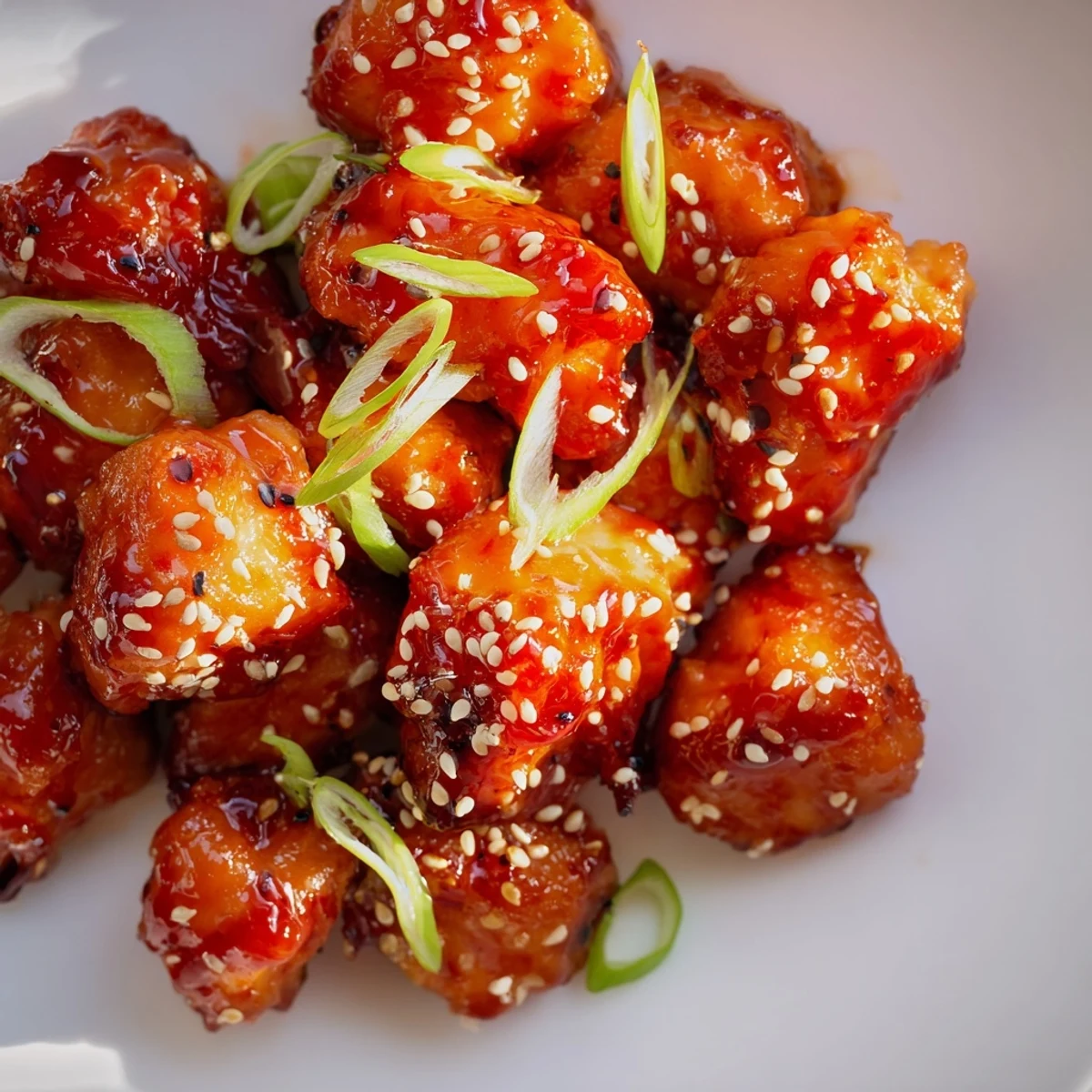 Golden brown spicy honey sriracha chicken pieces glazed in glossy red sauce and garnished with sesame seeds