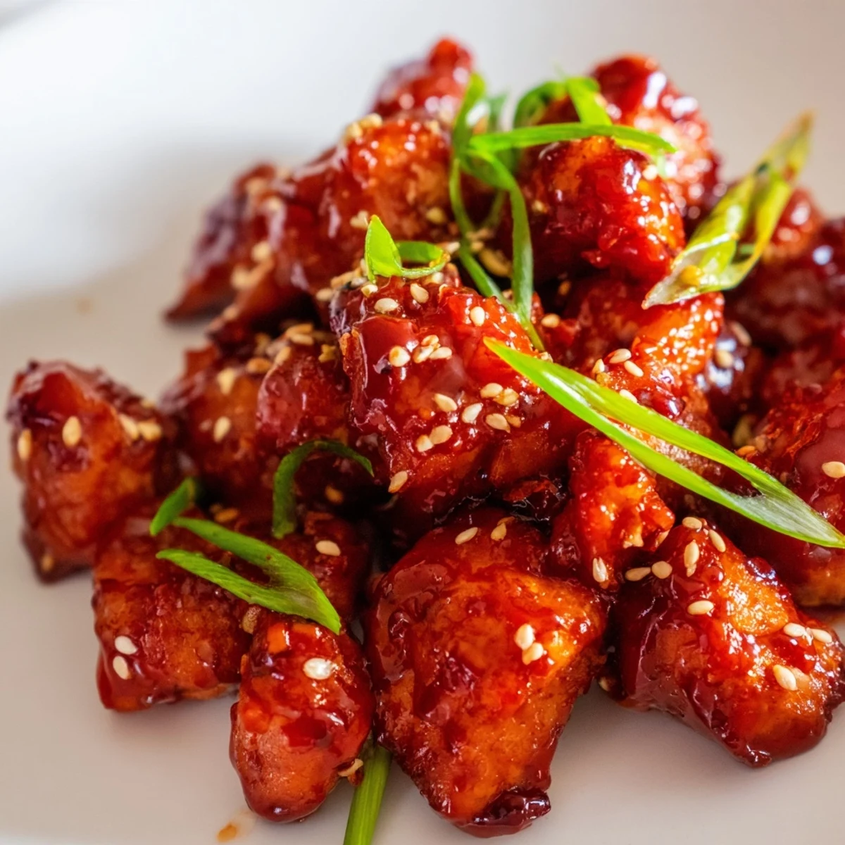 Sizzling spicy honey sriracha chicken in a wok with thickened sticky sauce and fresh lime wedges