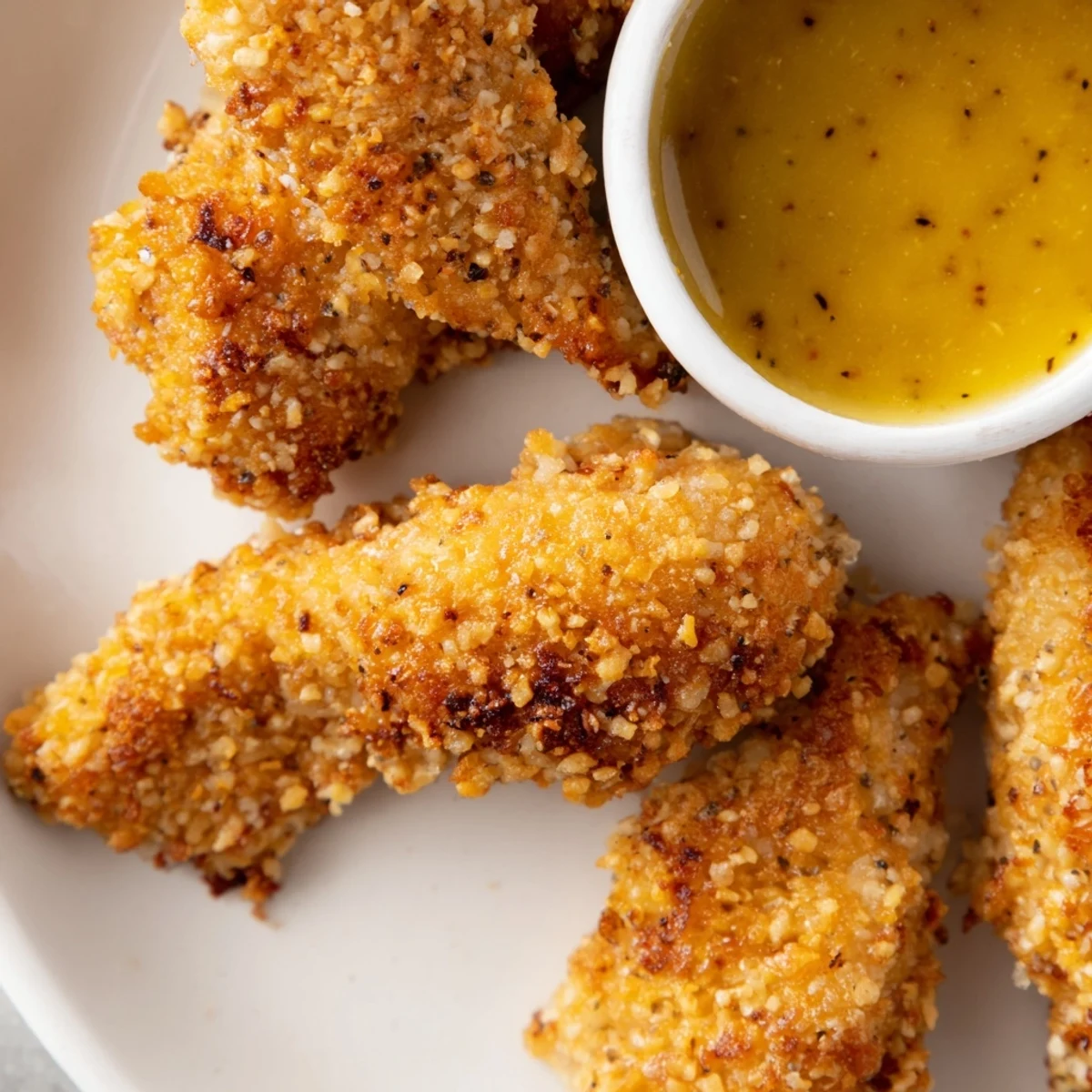 Golden honey mustard chicken tenders with crispy breaded coating and tangy dipping sauce