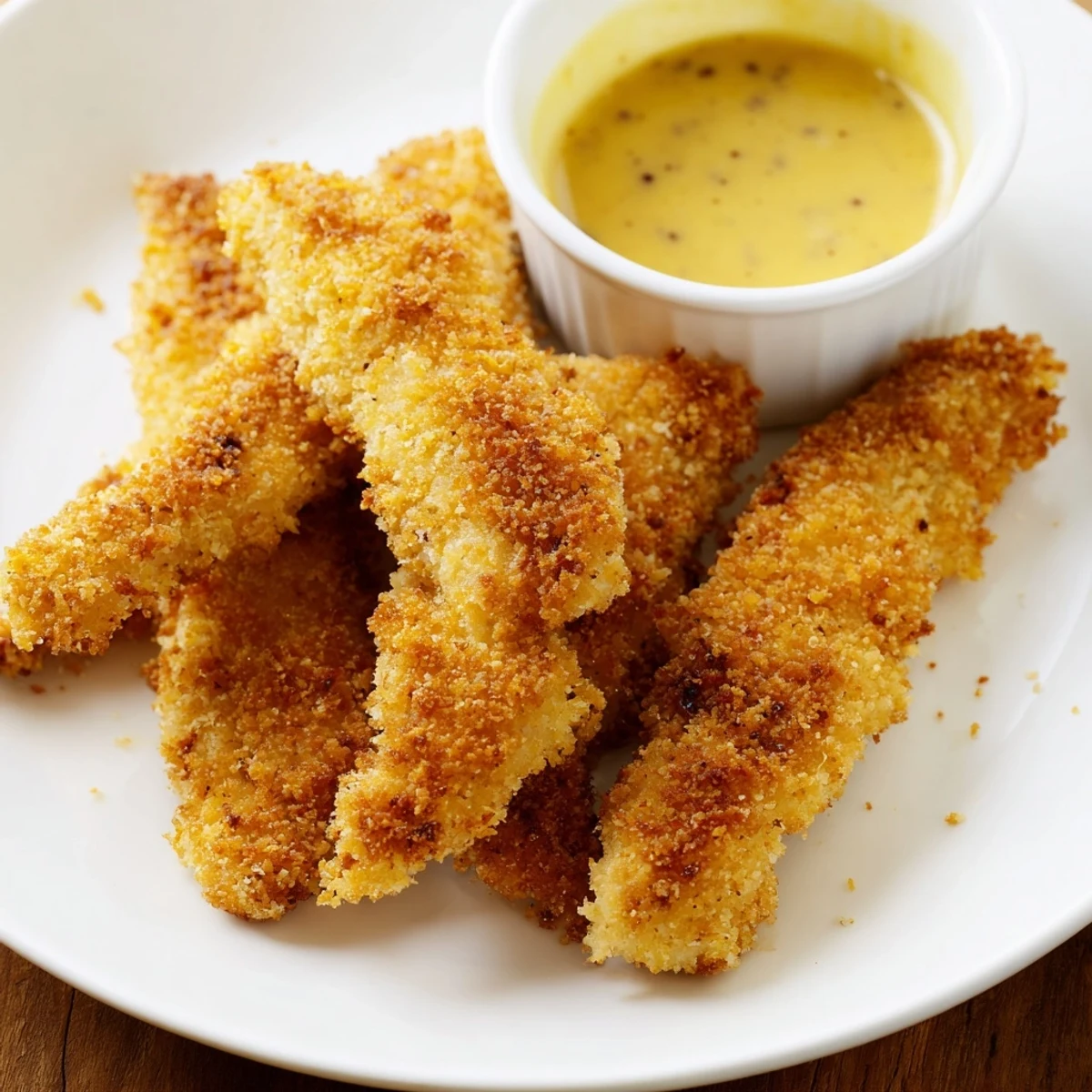 Family-friendly honey mustard chicken tenders recipe served with homemade sweet and tangy sauce