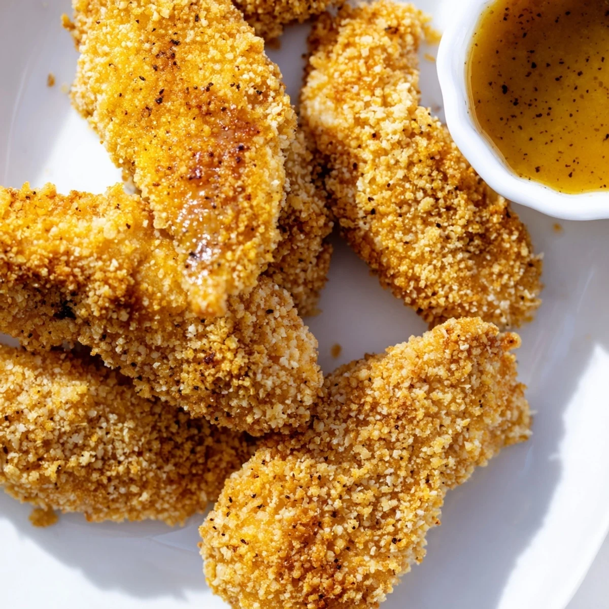 Crispy baked honey mustard chicken tenders golden brown beside creamy honey mustard dipping sauce