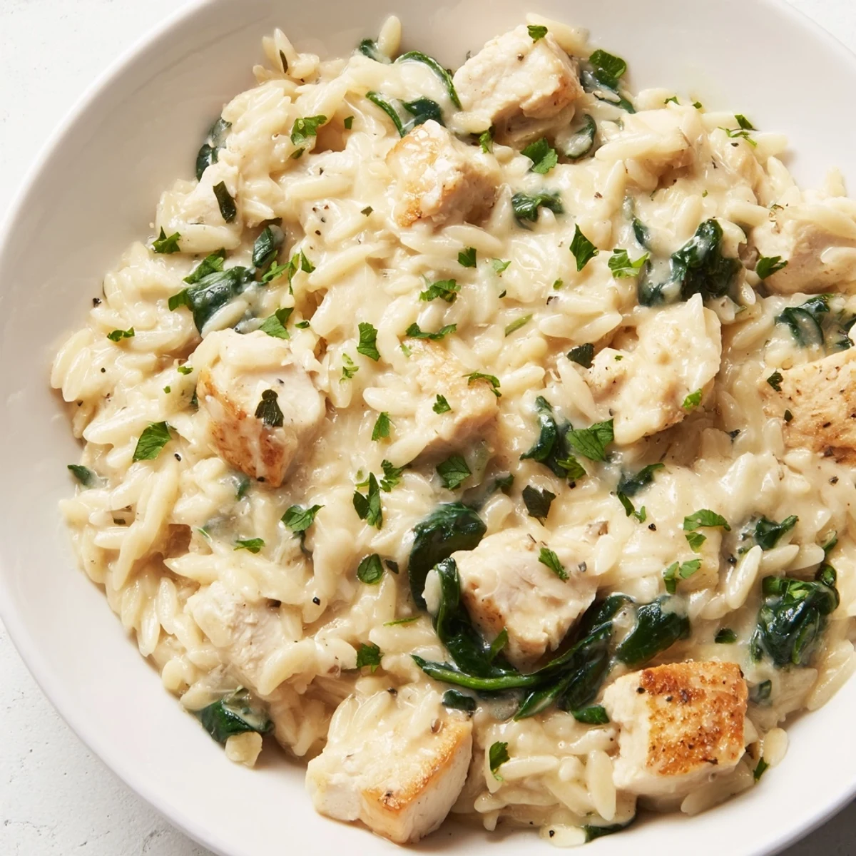 Golden chicken cubes nestled in creamy orzo with melted Pepper Jack and vibrant wilted spinach