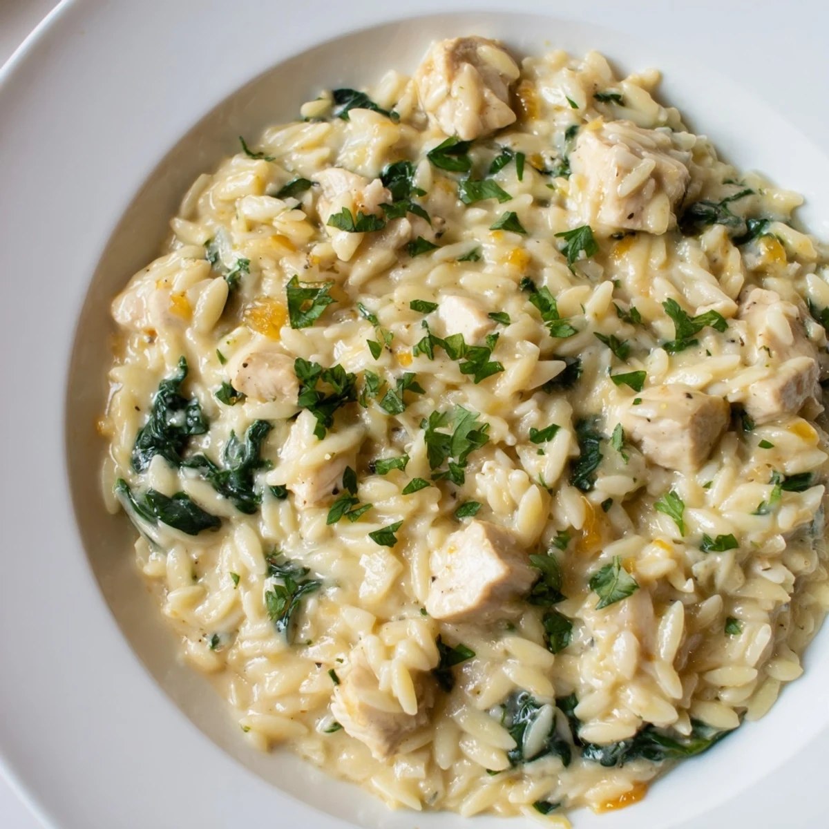 One-pan creamy garlic butter Pepper Jack chicken orzo topped with fresh parsley and lemon wedges