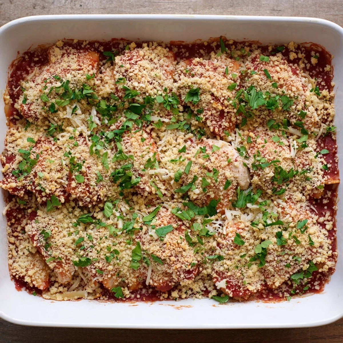 Golden Chicken Parmesan casserole with bubbling mozzarella and crispy buttered breadcrumb topping