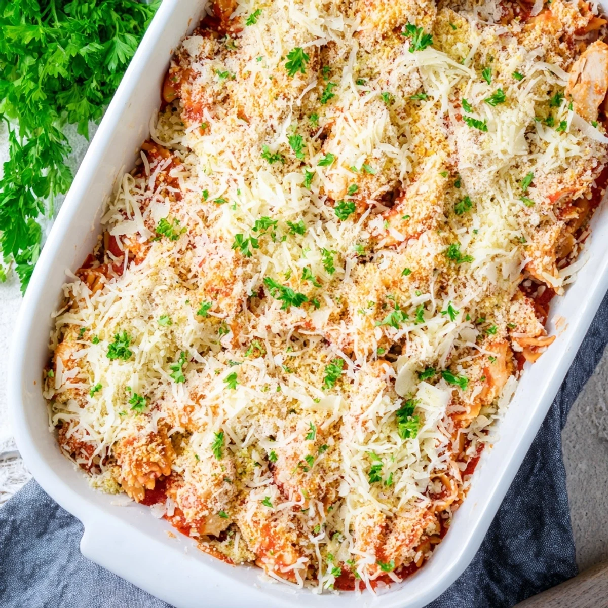 Baked Chicken Parmesan casserole dish featuring melted cheese layers and fresh parsley garnish