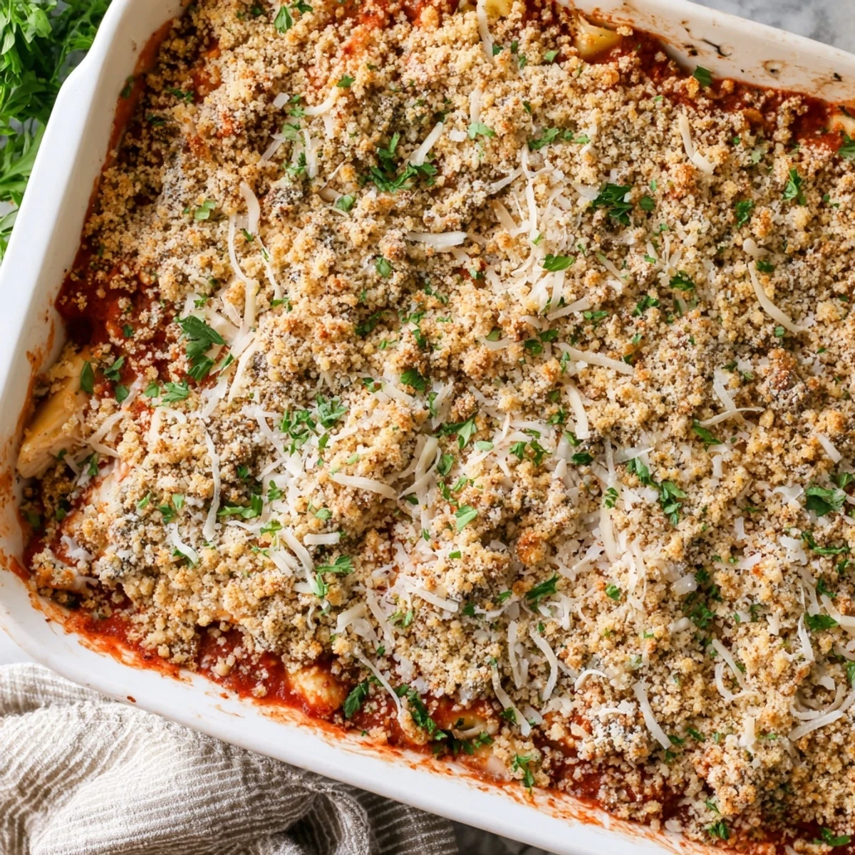Family style Chicken Parmesan casserole served hot with gooey cheese and crunchy panko