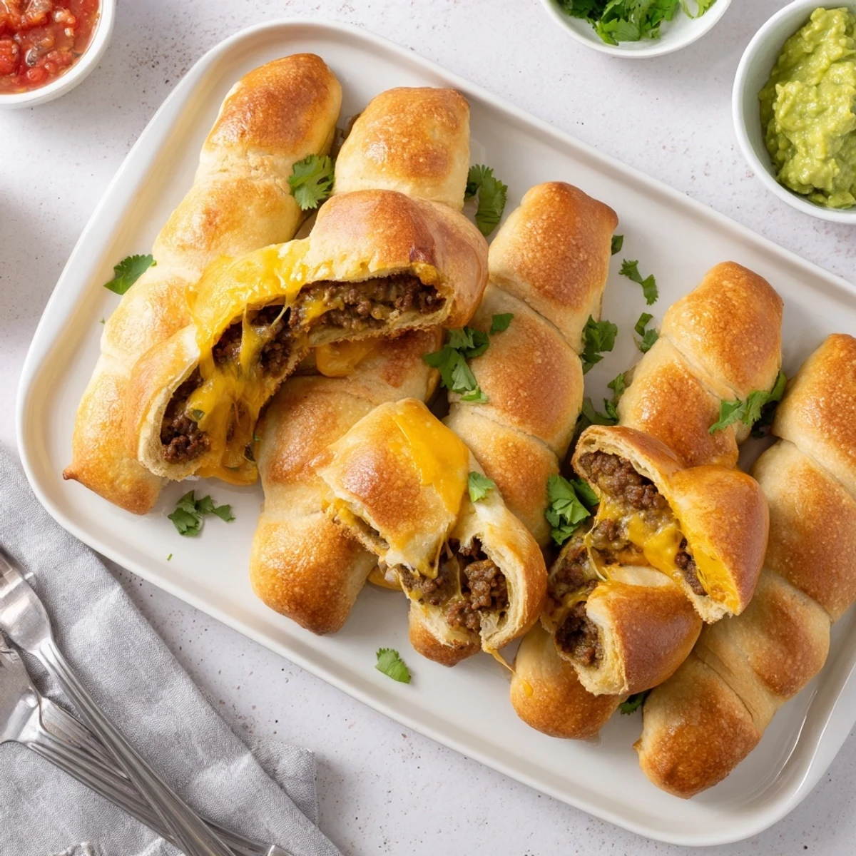 Golden cheesy taco sticks recipe filled with seasoned beef and melted cheese ready for dipping